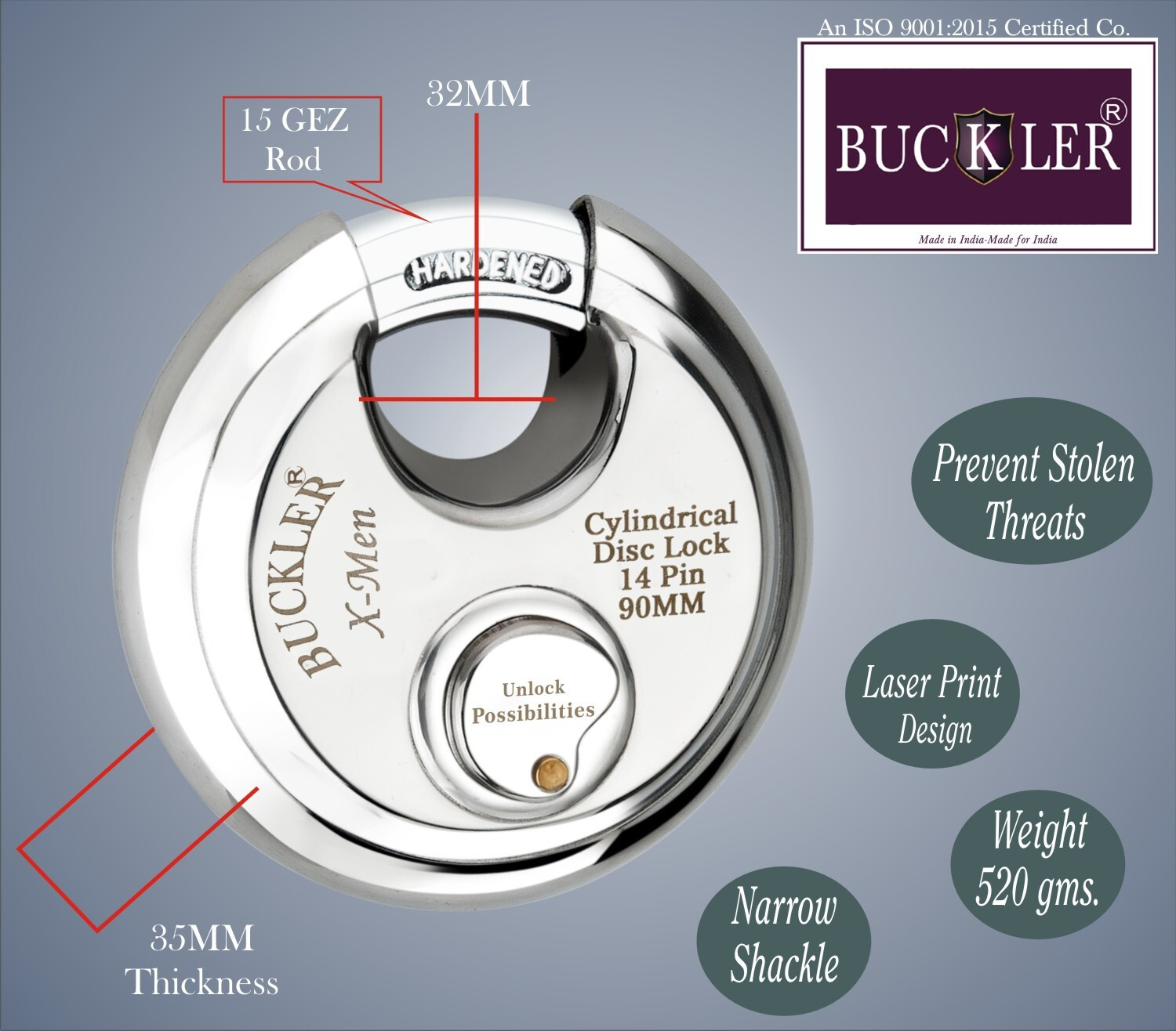 Image of BUCKLER Stainless Steel Shutter,Main Gate,Office, Godown ,90MM-14 Pin with 4 Keys Lock