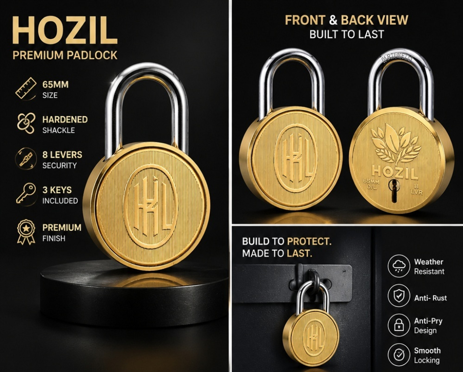 Image of HOZIL 65MM Lock | Hardened Shackle | Double Locking | 8 Levers (Pack of 2) Padlock