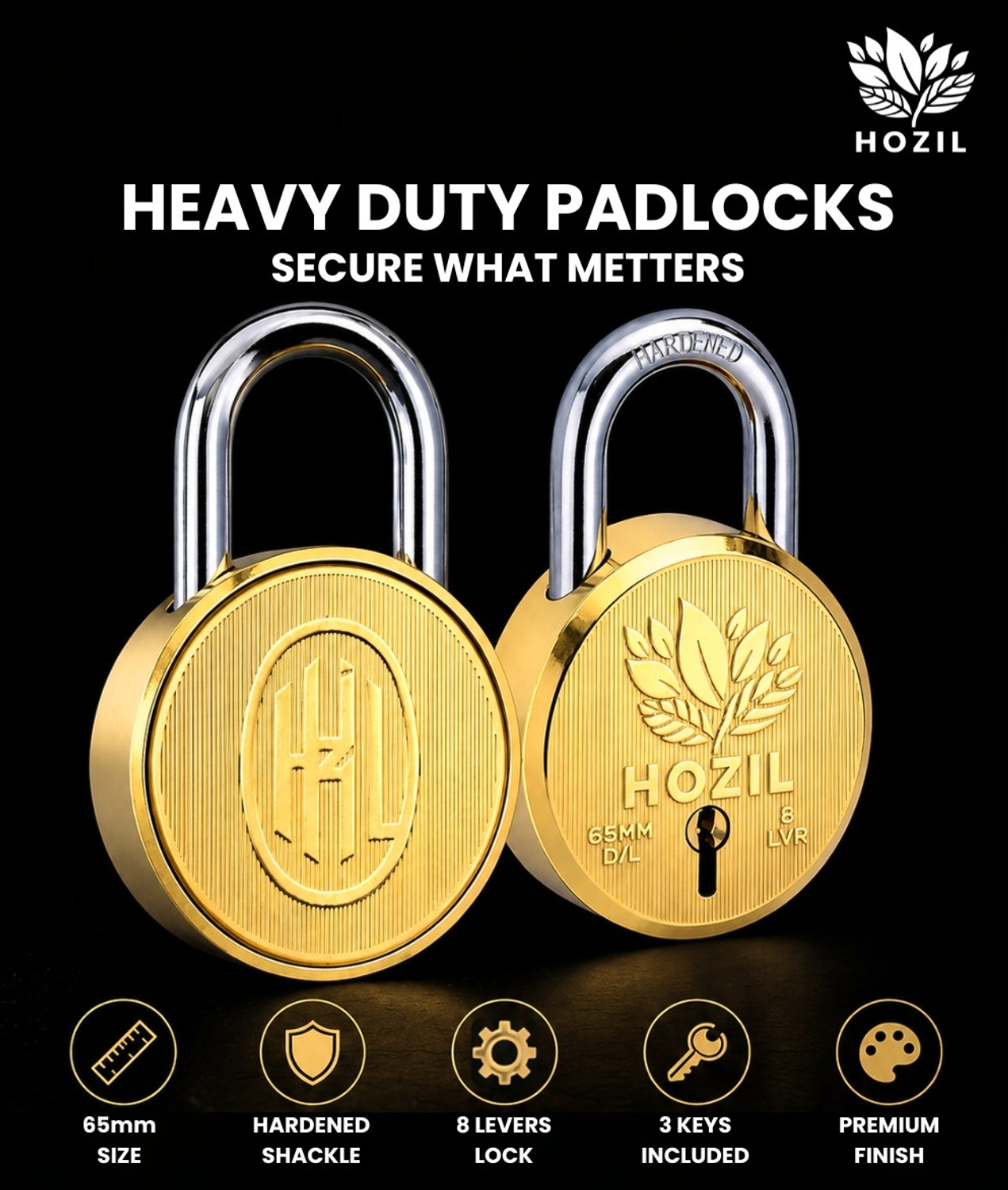 Image of HOZIL 65MM Lock | Hardened Shackle | Double Locking | 8 Levers (Pack of 2) Padlock