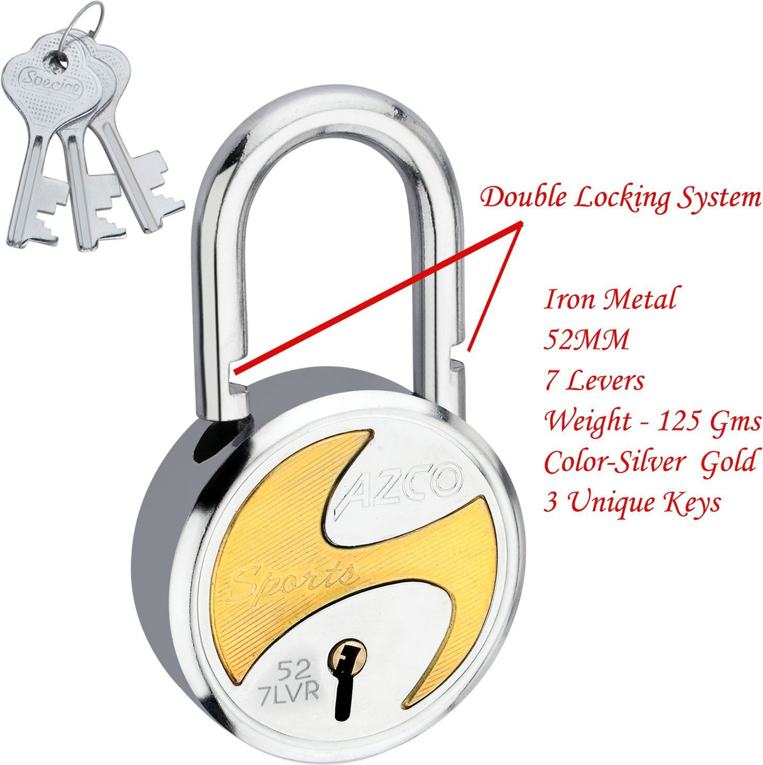 Image of Azco Sports 52mm-7 Levers, Double Lock with Gold Chrome Finish (combo Offer) 5 Padlock