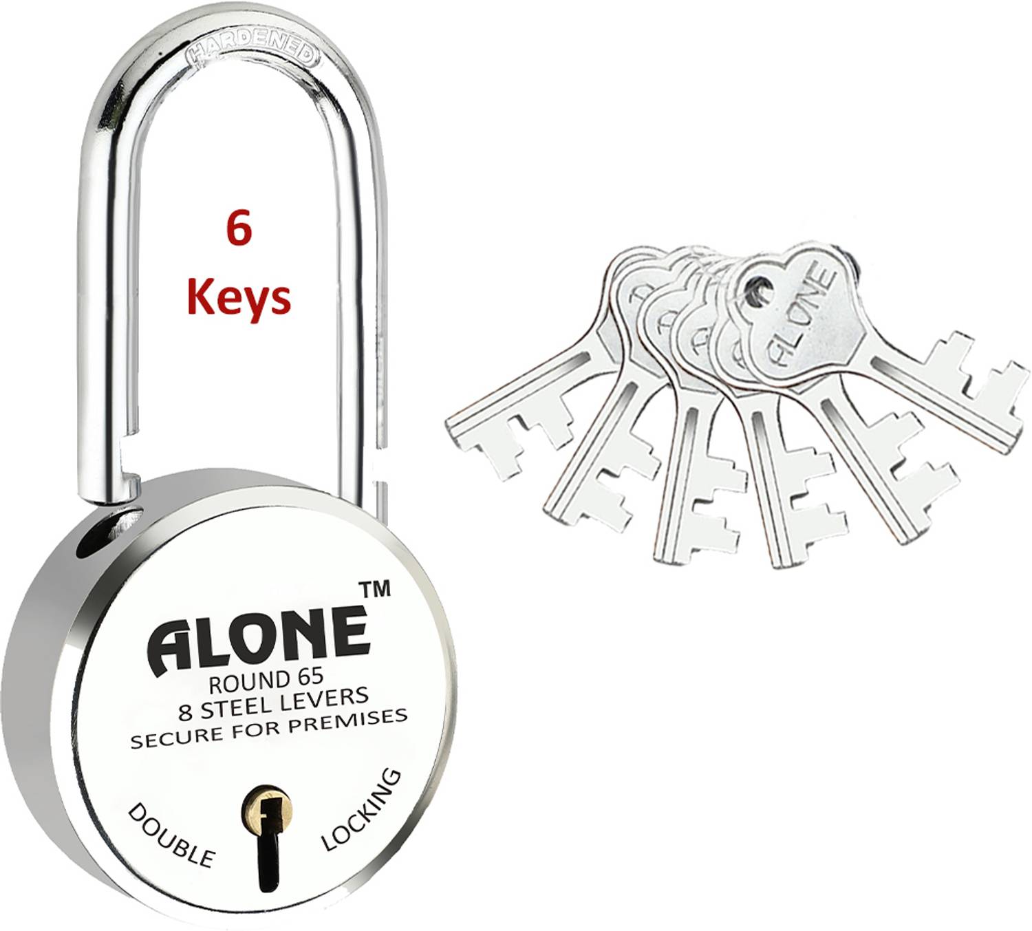 alone Round 65mm Long Shackle Padlock for Home Gate Shop & Shutter, D/L 6 Keys Padlock