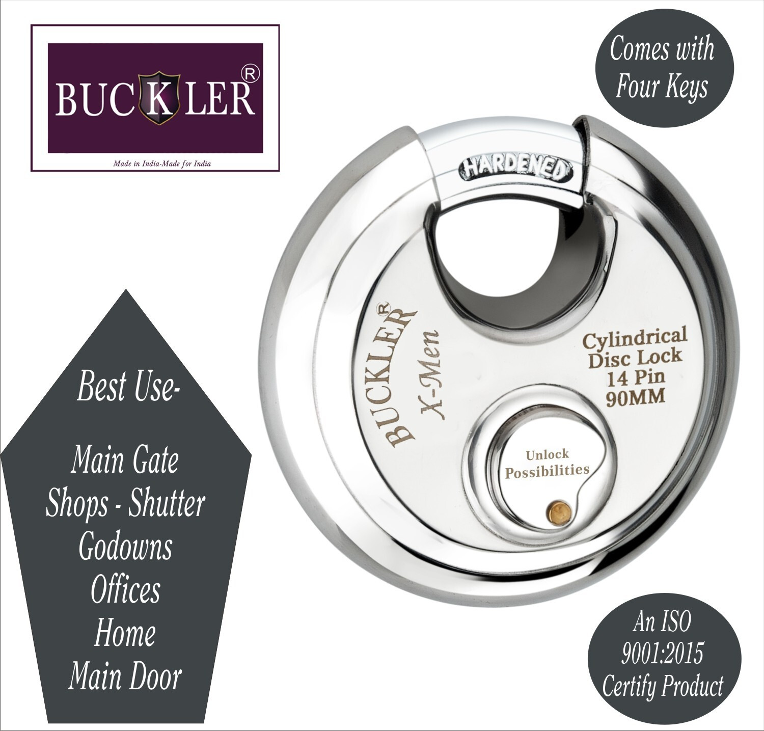 Image of BUCKLER Stainless Steel Shutter,Main Gate,Office, Godown Lock,90MM-14 Pin with 4 Keys Lock