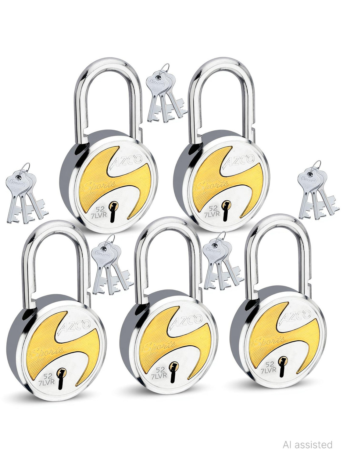 Image of Azco Sports 52mm-7 Levers, Double Lock with Gold Chrome Finish (combo Offer) 5 Padlock
