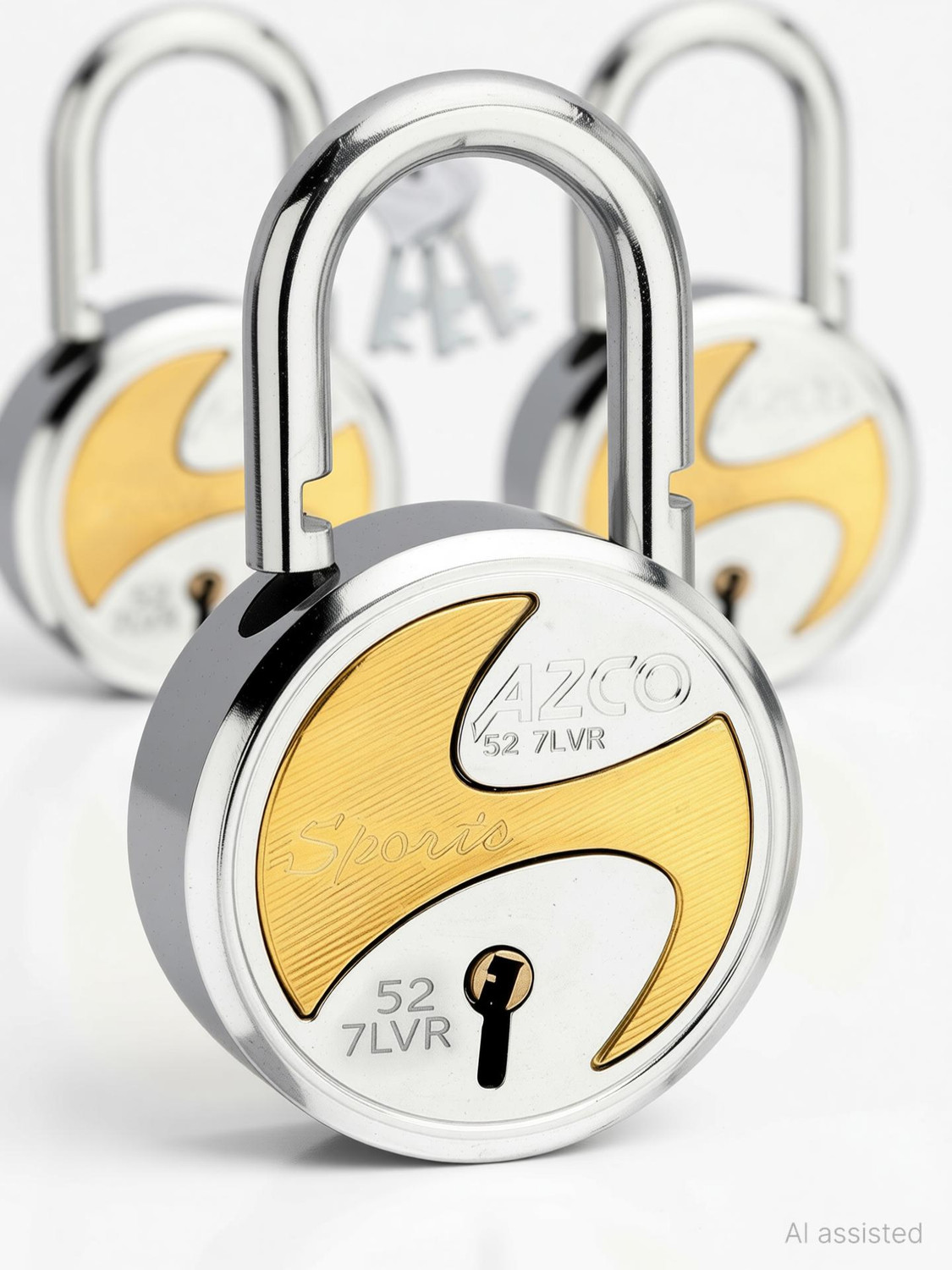 Image of Azco Sports 52mm-7 Levers, Double Lock with Gold Chrome Finish (combo Offer) 5 Padlock