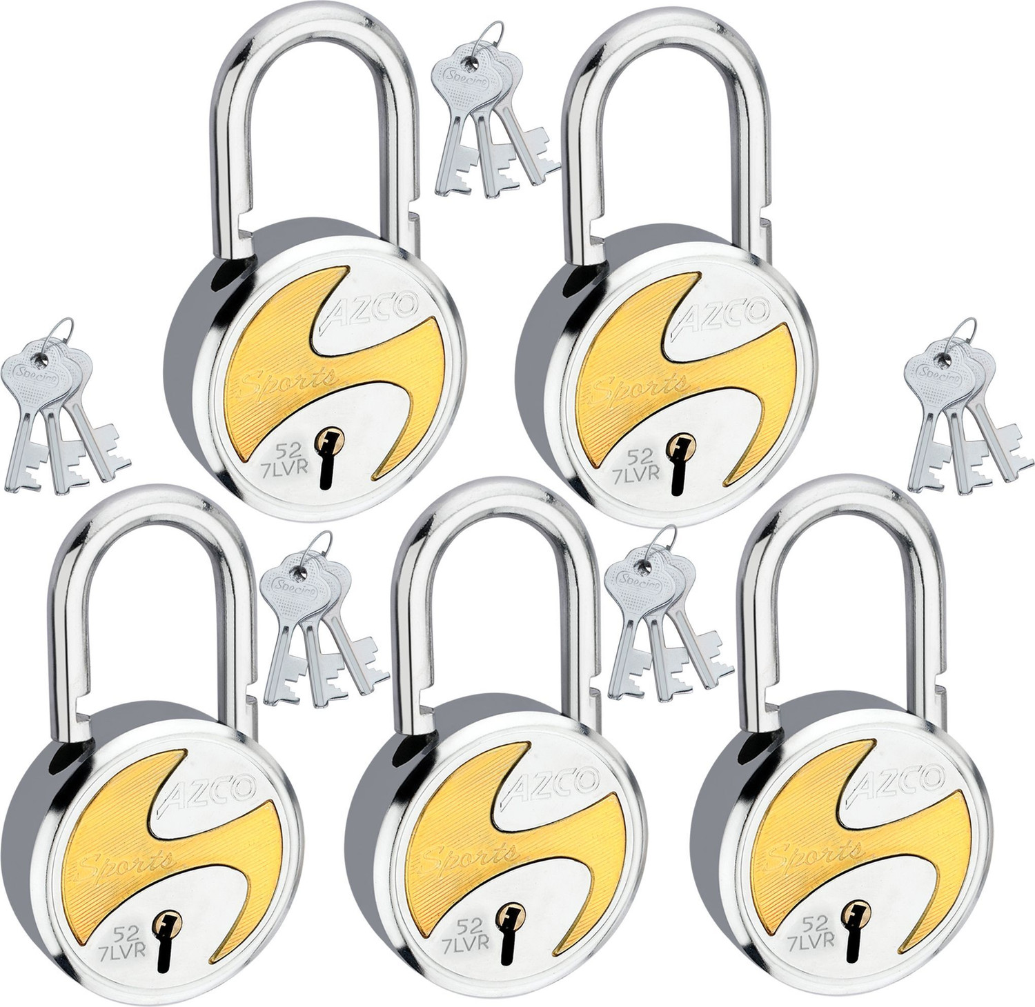 Image of Azco Sports 52mm-7 Levers, Double Lock with Gold Chrome Finish (combo Offer) 5 Padlock