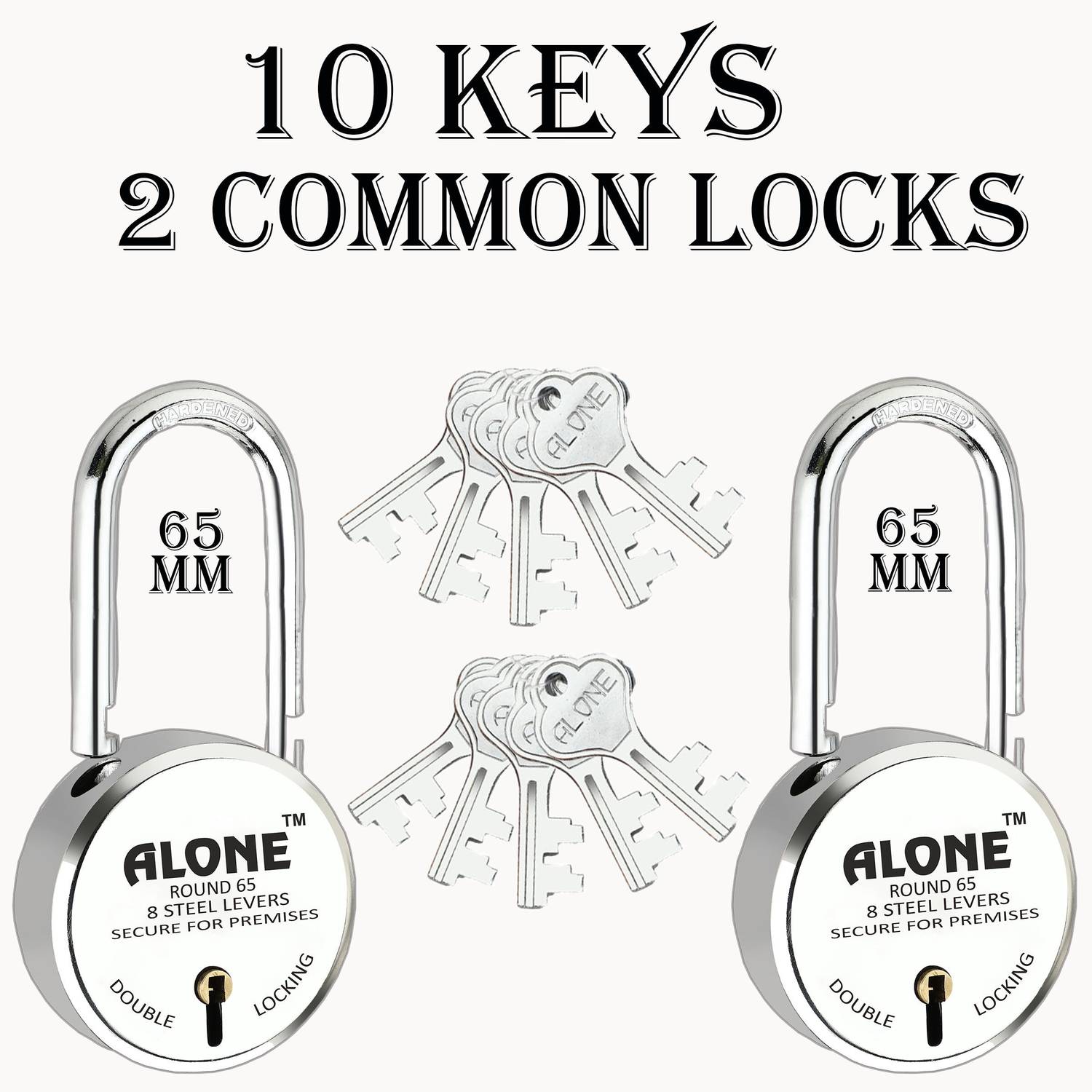 alone Long Shackle Round 65mm Padlock for Home, Shop & Shutter, 10 Same Keys 2 Locks Padlock