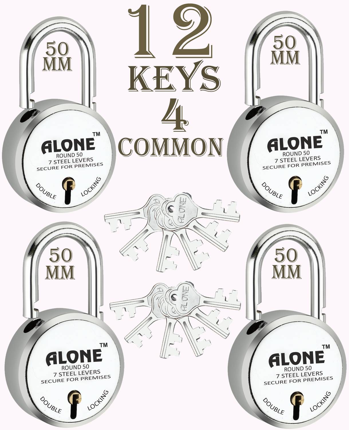 alone Round 50mm Lock for Home Gate Shop & Shutter, 12 Same Keys 4 Lock (pack 4) Padlock