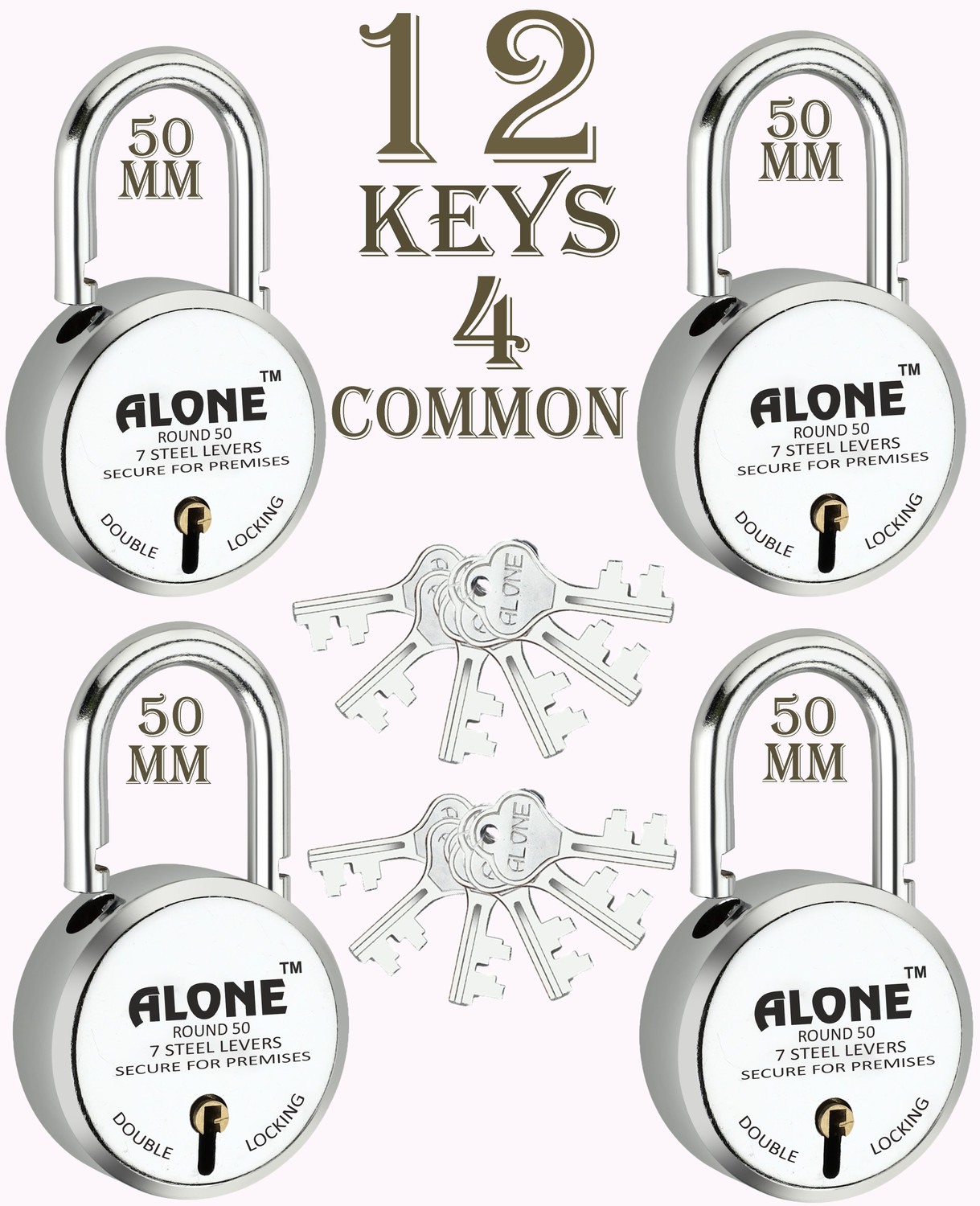 Image of alone Round 50mm Lock for Home Gate Shop & Shutter, 12 Same Keys 4 Lock (pack 4) Padlock