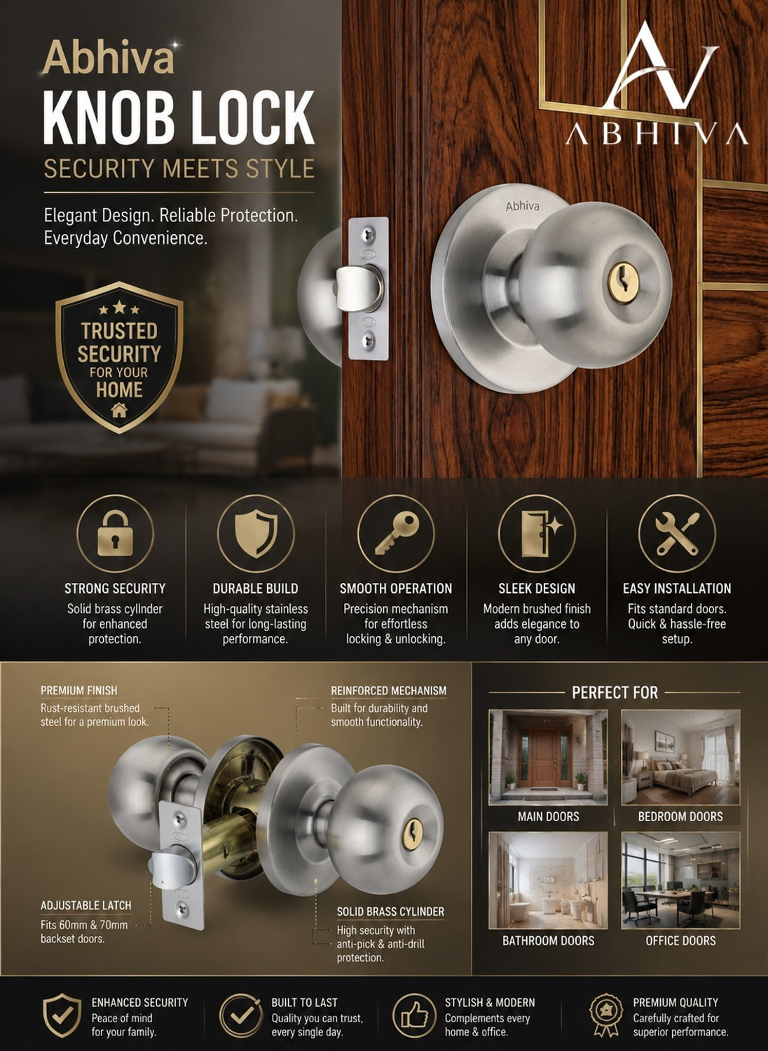 Image of Abhiva Cylindrical Lock Tubular Door Lock