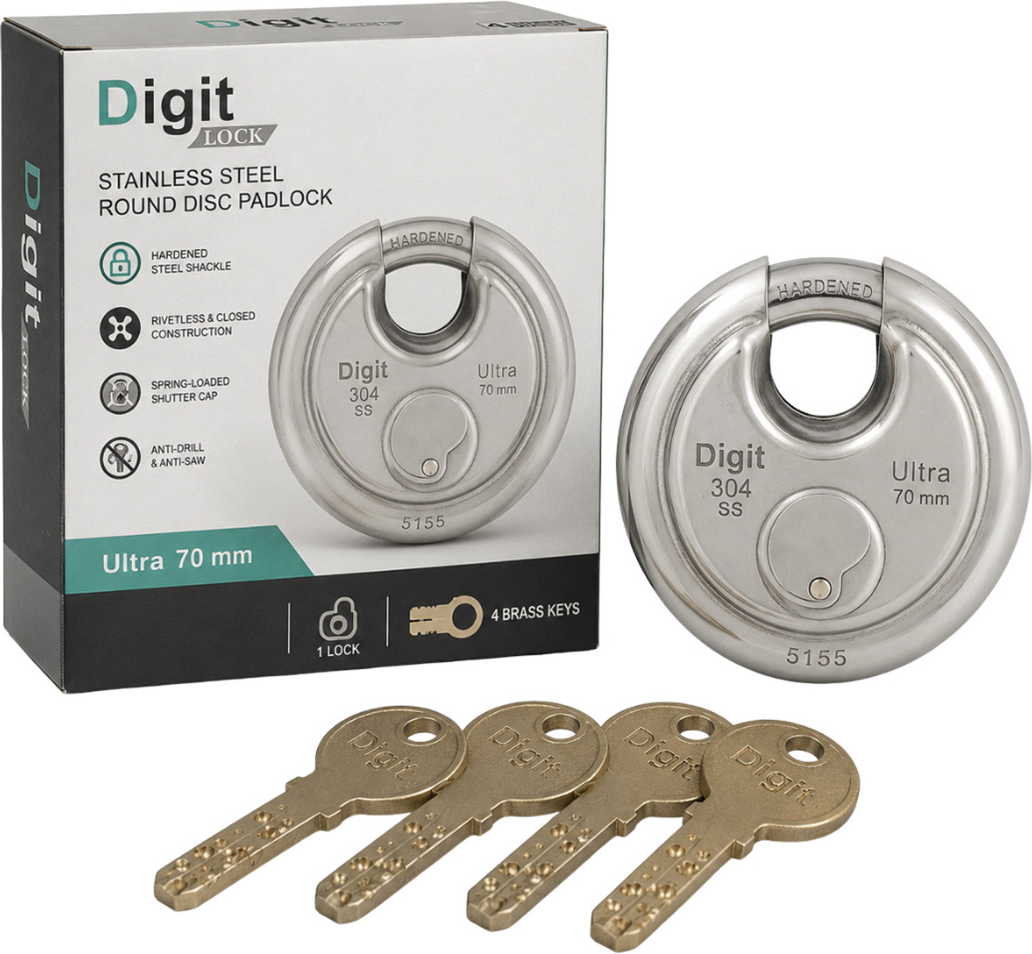 Image of DigitLocks 70 mm Stainless Steel Shutter Lock - 4 Brass Keys Lock