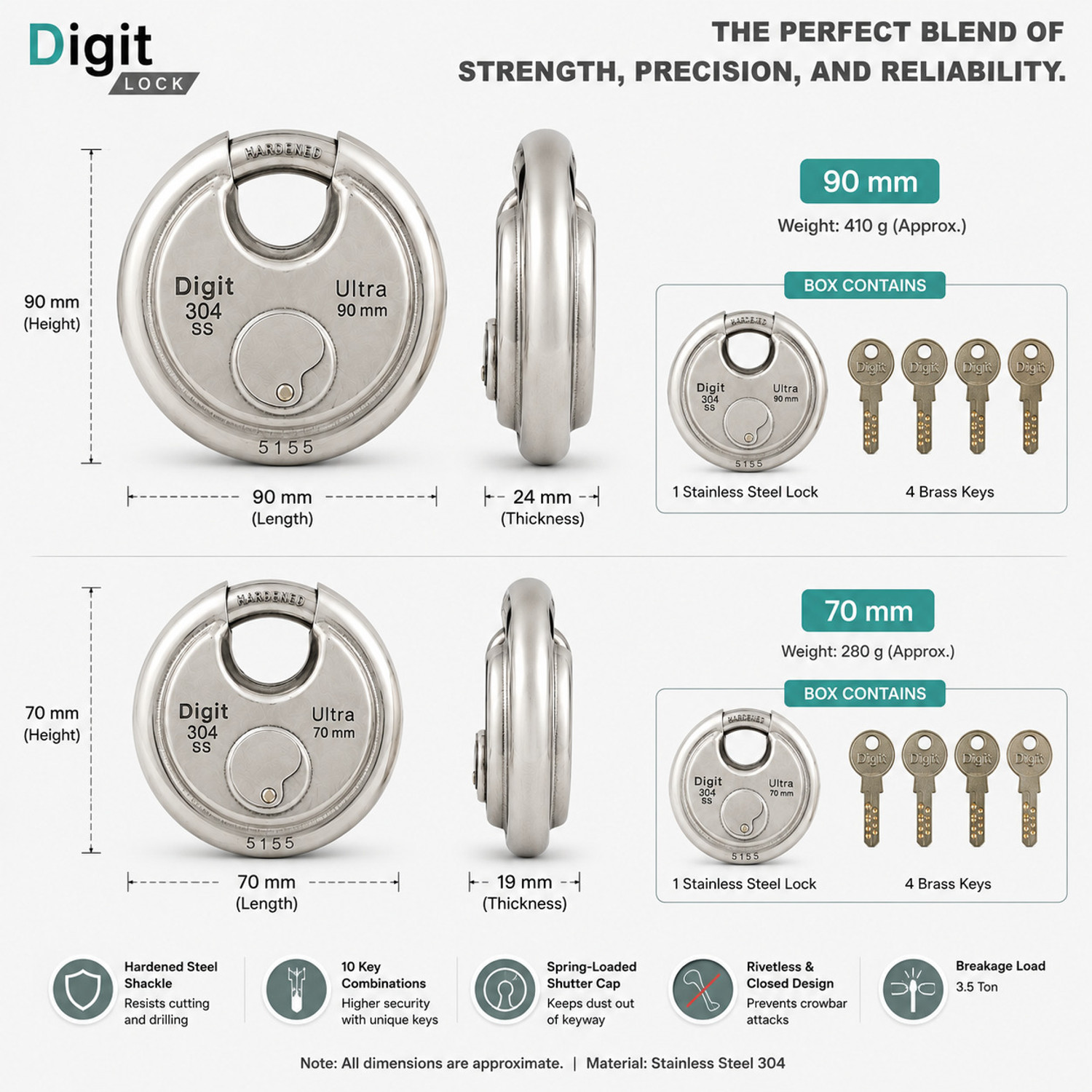 Image of DigitLocks 70 mm Stainless Steel Shutter Lock - 4 Brass Keys Lock