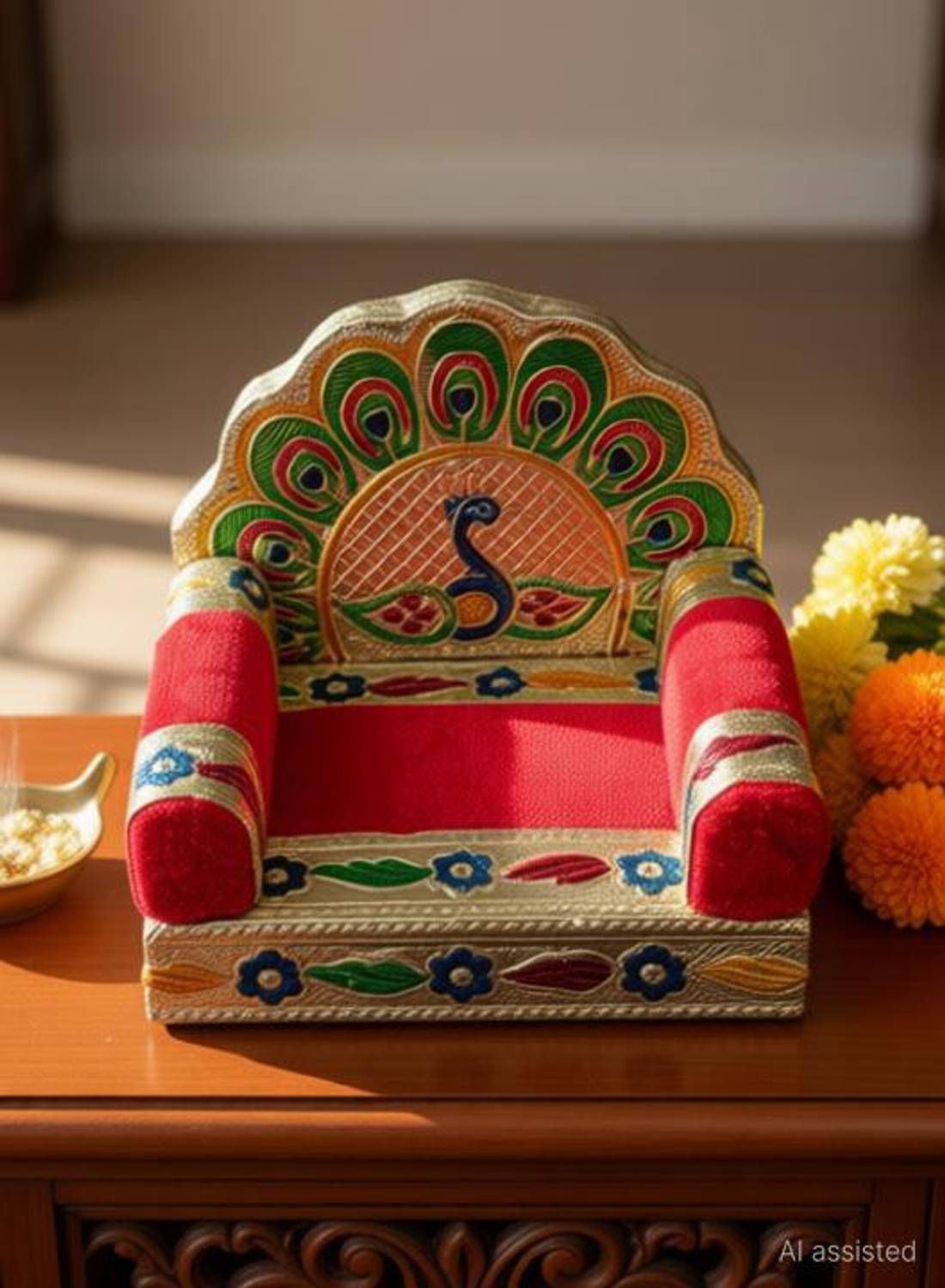 takshvi Meenakari Singhasan, (Suitable for 2 and 3 no. gopal ji), Lord Laddu Gopal ji Wood 15 cm x 15 cm Jhula