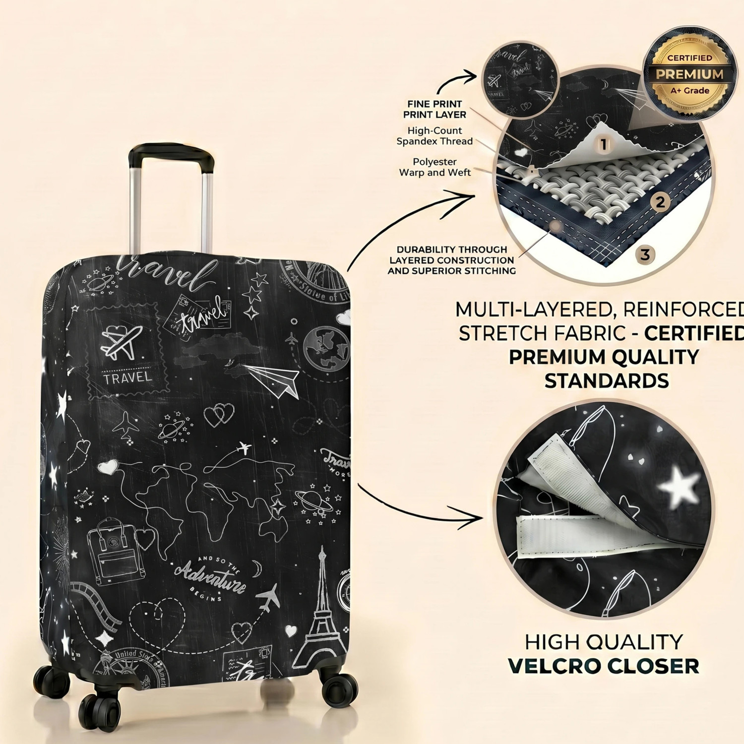 Image of NT Creation Stretchable & Scratchproof , Reusable And Washable, Strong Durable Fabric Printed Travel Suitcase Trolley Bag Protector - Scratch & Dust Proof Luggage Cover