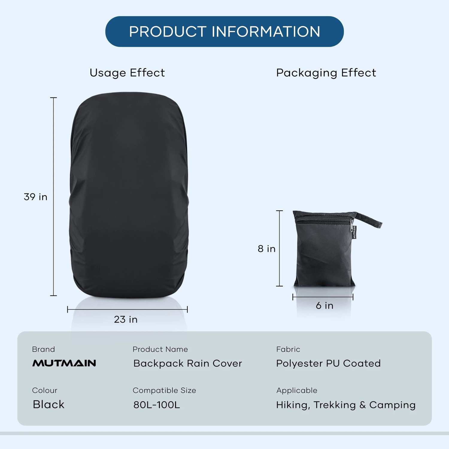 Image of MUTMAIN Waterproof Backpack Cover for Rain & Dust , 80L to 100L Waterproof Trekking, camping, Hiking Bag Cover (BLACK) Luggage Cover