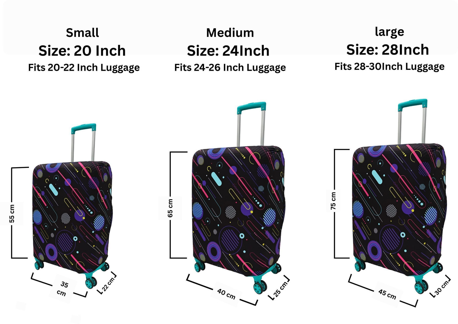 Image of Vmsales Printed Travel Suitcase Trolley Bag Covar (Protector) - Scratch & Dust Proof Stretchable & Scratchproof, Reusable And Washable, Durable Fabric Luggage Cover (Medium, Black, Multicolor)
