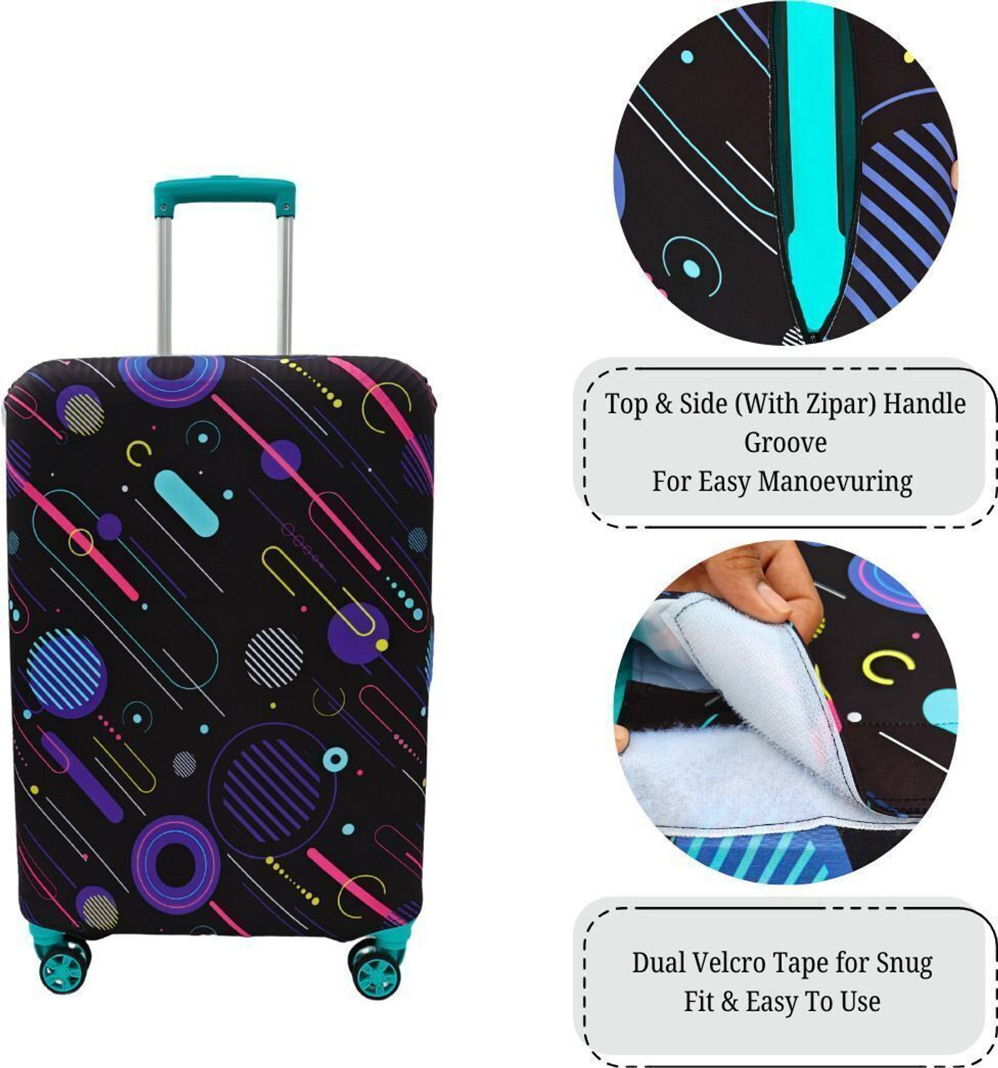 Image of Vmsales Printed Travel Suitcase Trolley Bag Covar (Protector) - Scratch & Dust Proof Stretchable & Scratchproof, Reusable And Washable, Durable Fabric Luggage Cover (Medium, Black, Multicolor)