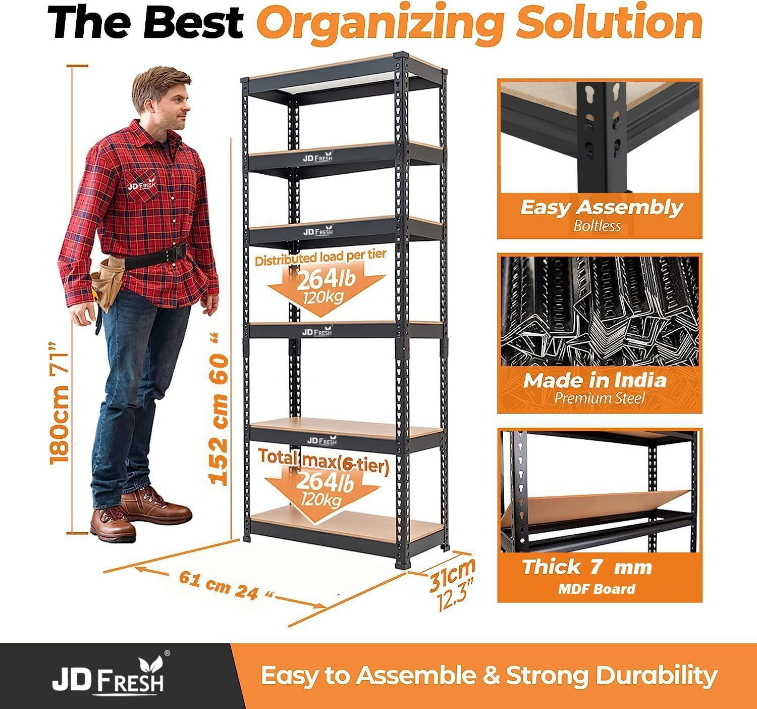Image of JD FRESH Adjustable Boltless Metal Shelving Unit /Heavy Duty Metal Storage with Wood Plank Luggage Rack