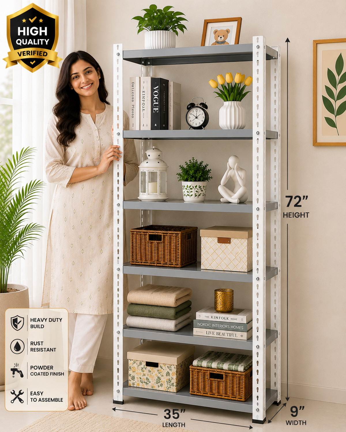 Image of Joufler store 6 shelfs Modern Home Decor Rack, Powder Coated 72Hx35Lx9 inch W Iron Wall Shelf