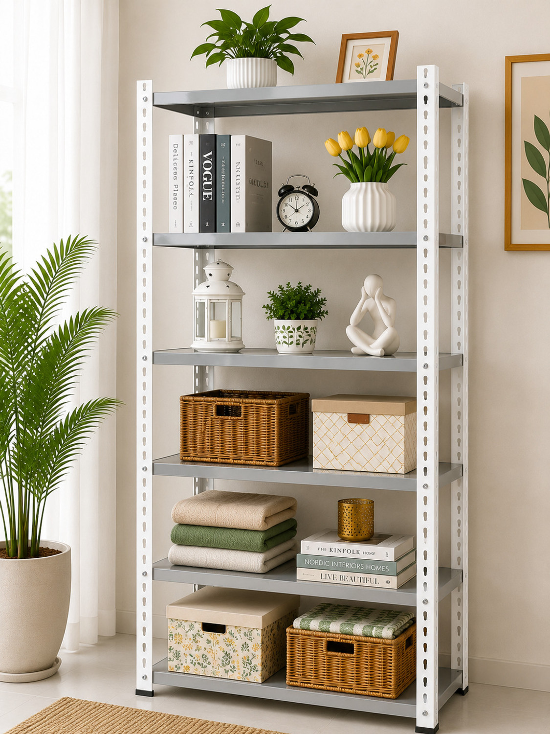 Image of Joufler store 6 shelfs Modern Home Decor Rack, Powder Coated 72Hx35Lx9 inch W Iron Wall Shelf