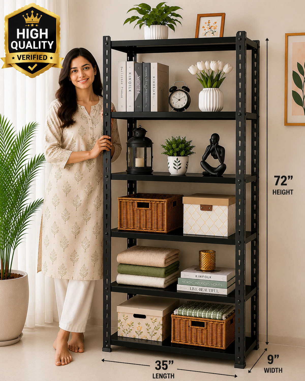 Image of Joufler store Slotted Angle 6 Shelves Multipurpose Storage Dimension 09 inchX35 inchX72 inch Luggage Rack Iron Wall Shelf