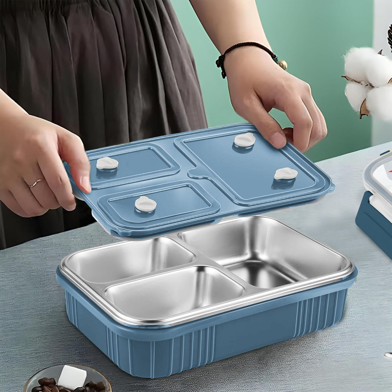 Image of MILTON Meal Safe 3 Inner Stainless Steel Lunch Box, Leak-Proof, 630ml, Navy Blue 3 Containers Plastic School Lunch Box