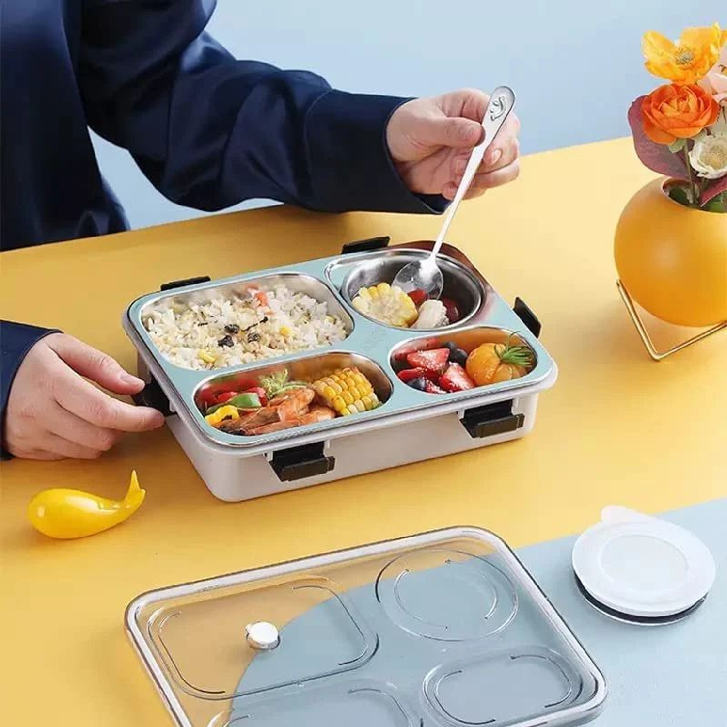 Image of Four Fours Era Lunch Box Kids Stainless Steel Lunch Box with 4 Compartment 4 Containers Stainless Steel School Lunch Box (1500 ml)