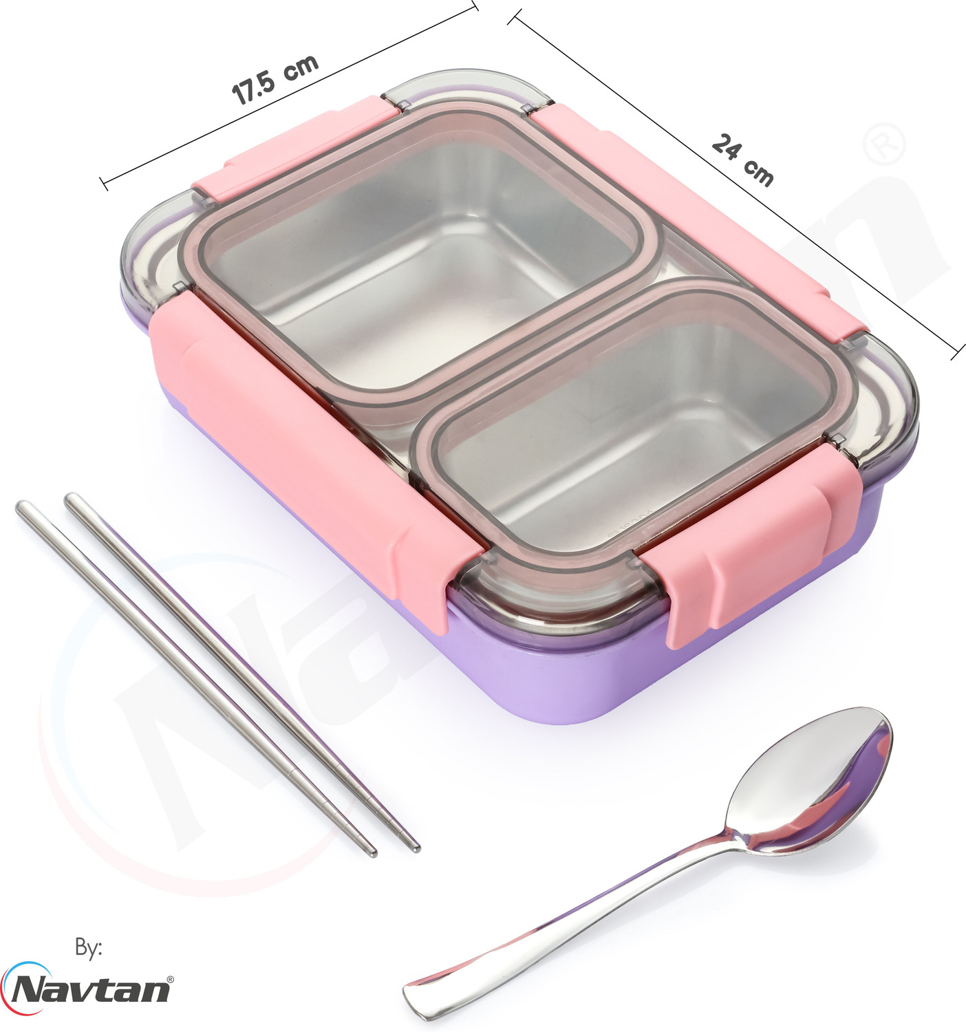 Image of NAVTAN Bento Pro 2 Section Lunch Box | Stainless Steel | Air Tight | Spoon & Chopsticks 2 Containers Stainless Steel College Lunch Box