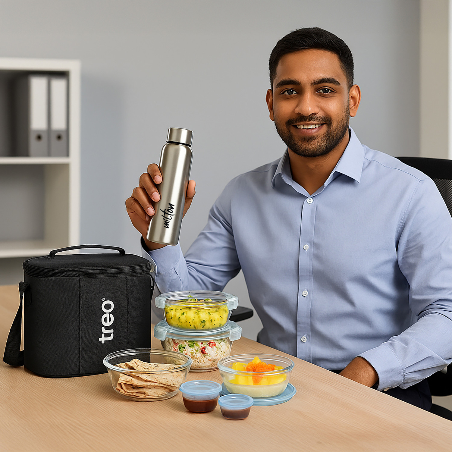 Image of TREO All Weather Glass Round Tiffin Set of 8, Carry Jacket & Steel Bottle, Black 6 Containers Glass Office Lunch Box
