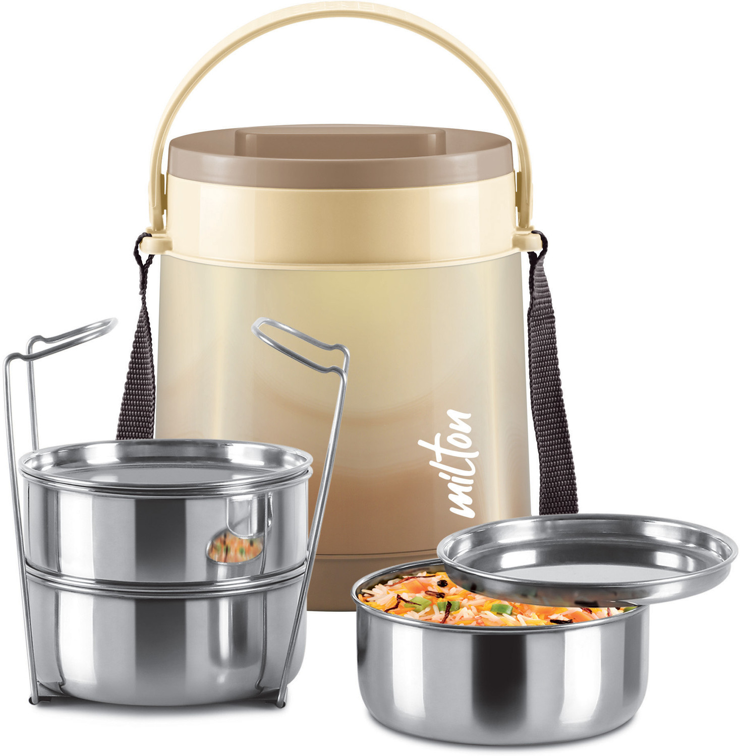 Image of MILTON Gradient Tiffin 3 Stainless Steel Tiffin With Lifter, 3 Container 900ml, Brown 3 Containers Stainless Steel Office Lunch Box