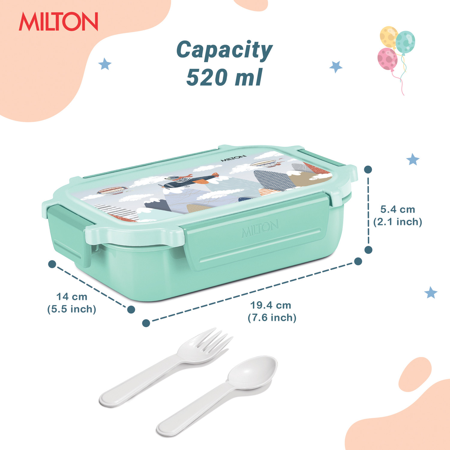 Image of MILTON Sherry Steel Tiffin Lunch with inner Steel Container, Spoon & Fork Mint Green 2 Containers Plastic School Lunch Box (520 ml)