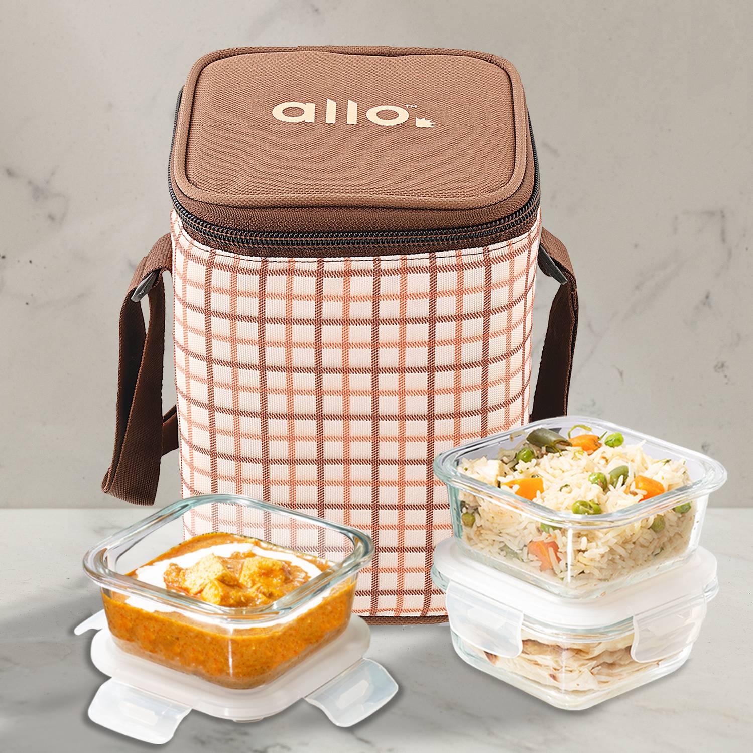 Allo FoodSafe Glass Lunch Box,Microwave Safe Tiffin with Cocoa Brown Lunch Bag, 3 Containers Glass Office Lunch Box