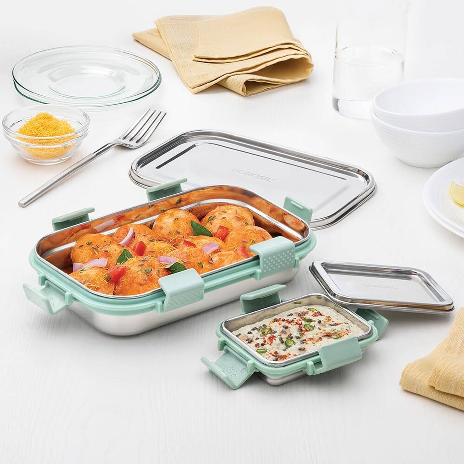 BOROSIL Slim Lunchbox (700ml + 125ml), Dishwasher Safe Tiffin for Office, School 2 Containers Stainless Steel Office Lunch Box
