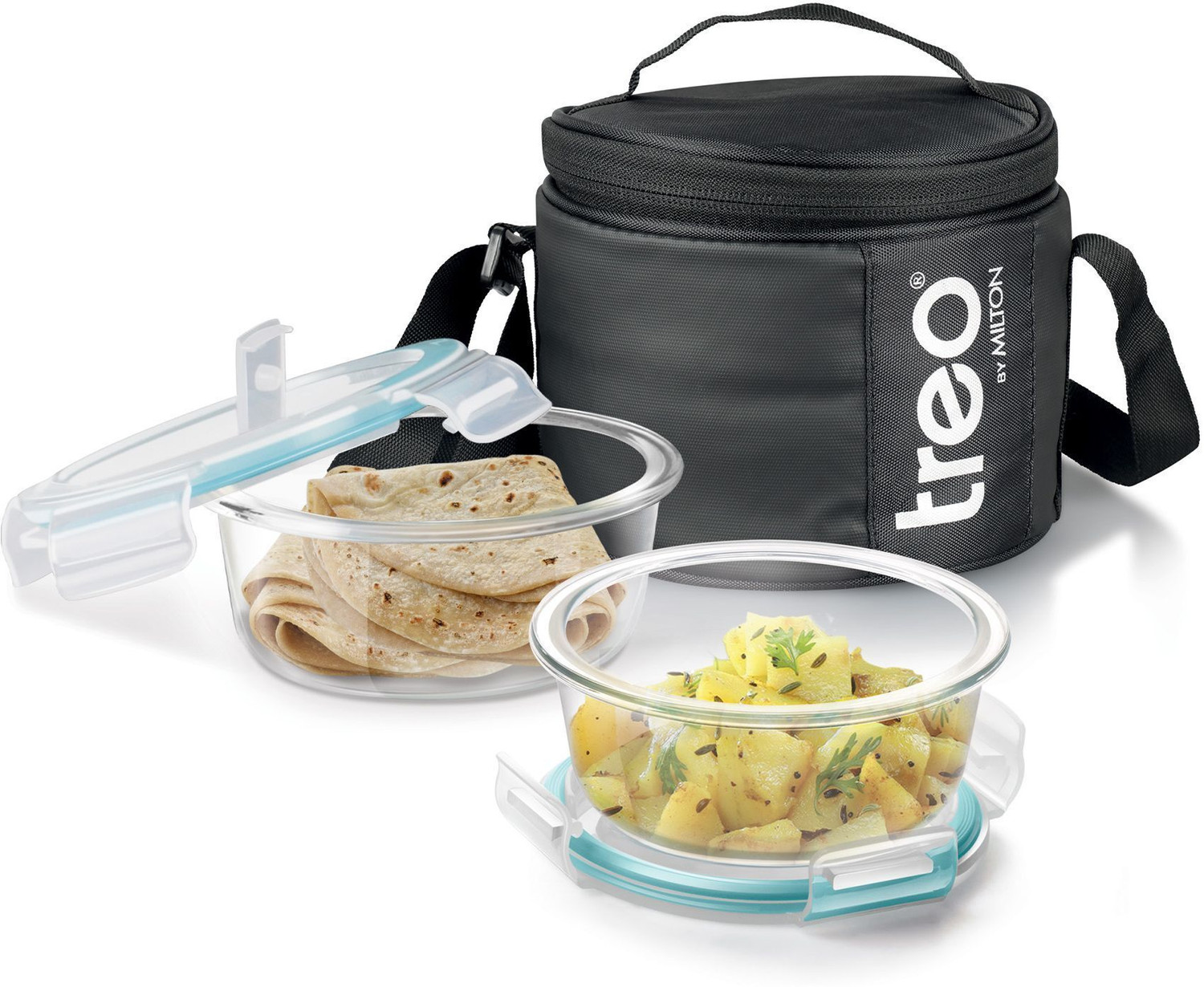 Image of TREO All Weather Glass Round Set of 2,400 ml each Tiffin, Carry Jacket, Black 2 Containers Glass Office Lunch Box