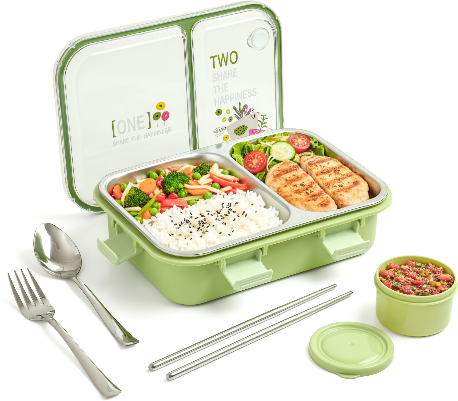 Image of NAVTAN Happiness Bento 2 Section Stainless Steel Lunch Box With Spoon & Chopsticks 2 Containers Stainless Steel Office Lunch Box