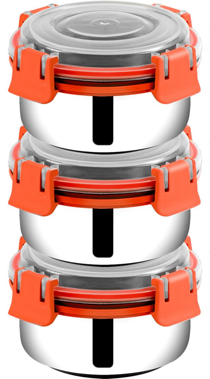 Image of BOWLMAN Lock n Lock Orange 3 Containers Stainless Steel School Lunch Box