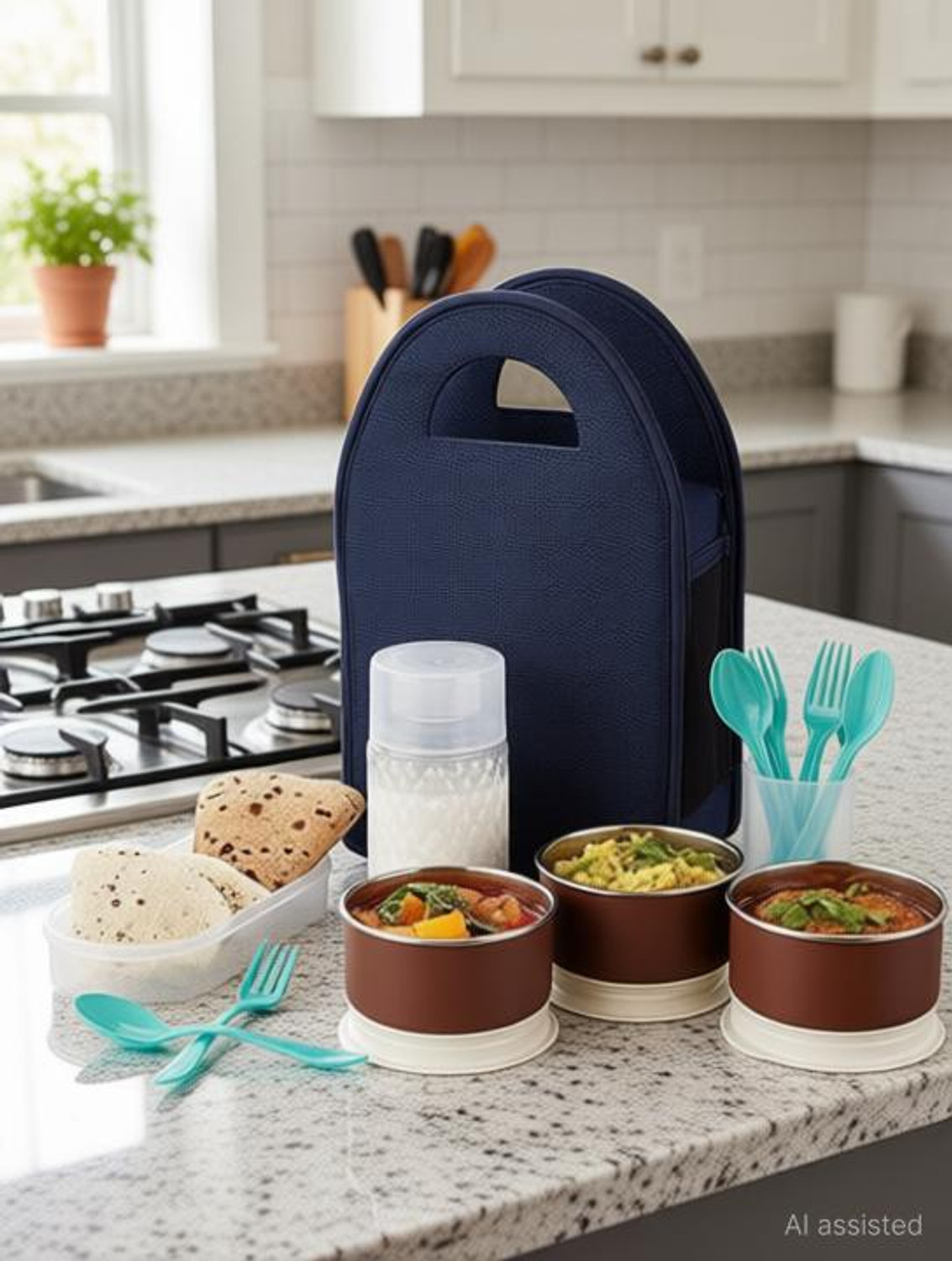 Image of Seville Classics Stainless Steel Lunch Box-with Bag for,Student,Women,Men,Girls 5 Containers Plastic, Stainless Steel Office Lunch Box
