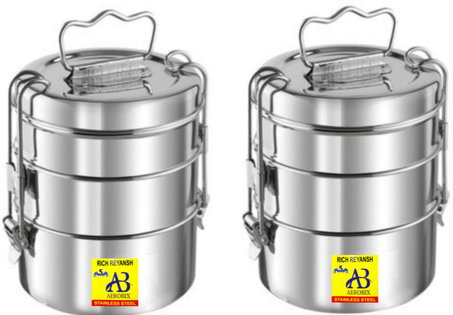 AEROBIX high quality Steel Clipper Tiffin With Handle For Office,School use (Pack Of 2) 3 Containers Stainless Steel Office Lunch Box