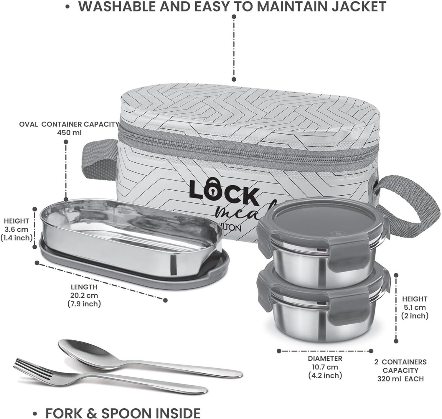 Image of MILTON Lock Meal Lunch Box (2 Inner Steel Containers 320ml Each, 1 Oval 450ml) 3 Containers Stainless Steel Office Lunch Box