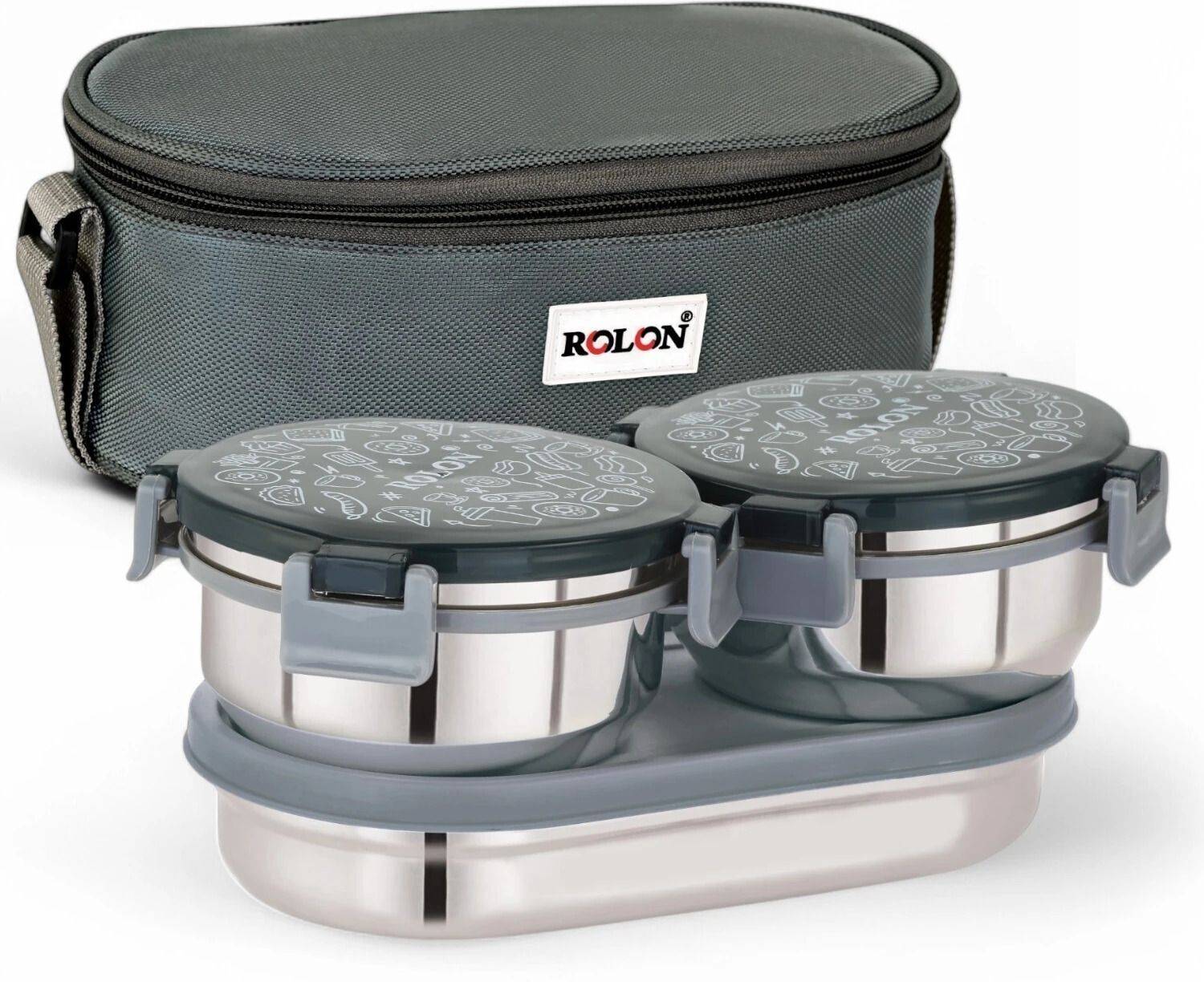 ROLON Lunch Lock Double Decker | Grey | 3 Airtight Containers | Insulated Lunch Bag 3 Containers Stainless Steel Office Lunch Box — Lunch Boxes & Tiffins