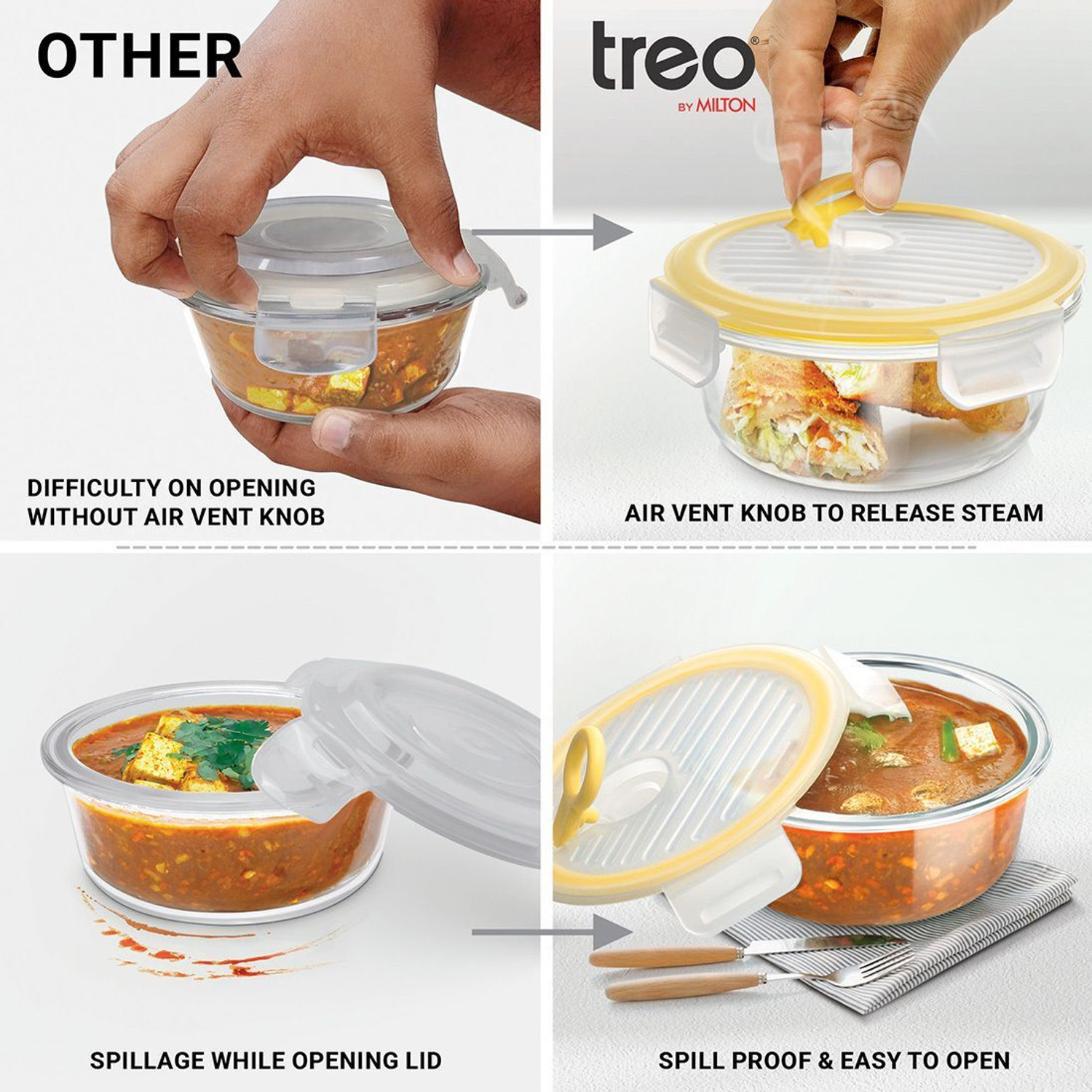 Image of TREO All Fresh Borosilicate Glass Round Tiffin set of 3, 400 ml each with Jacket Blue 3 Containers Glass Office Lunch Box