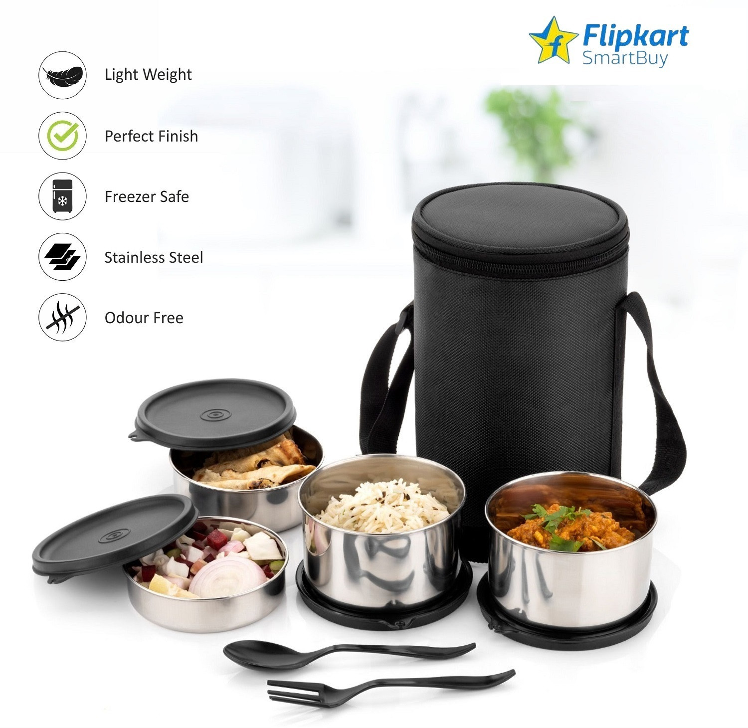 Image of Flipkart SmartBuy WONDERFUL DESIGN OF STAINLESS STEEL LUNCHBOX IN BLACK COLOR WITH SPOON & FORK 4 Containers Stainless Steel Office Lunch Box