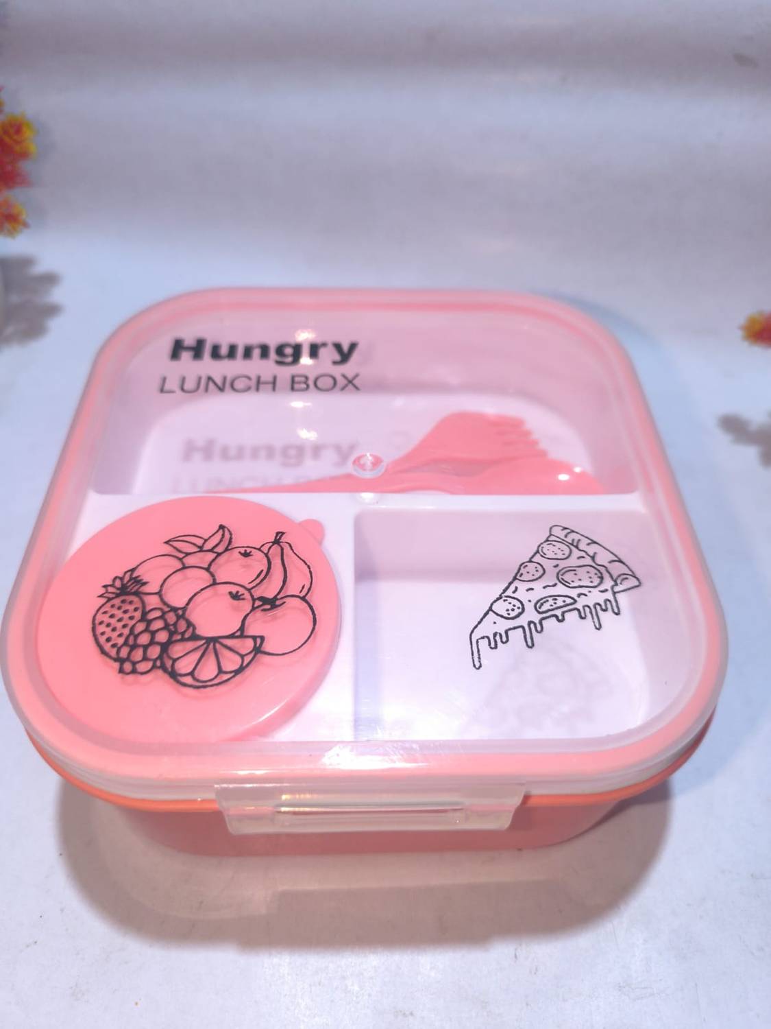 Aalam collections Hungry Pink Plastic Lunch Box with Spoon & Fork (4 Compartment) 4 Containers Plastic School Lunch Box