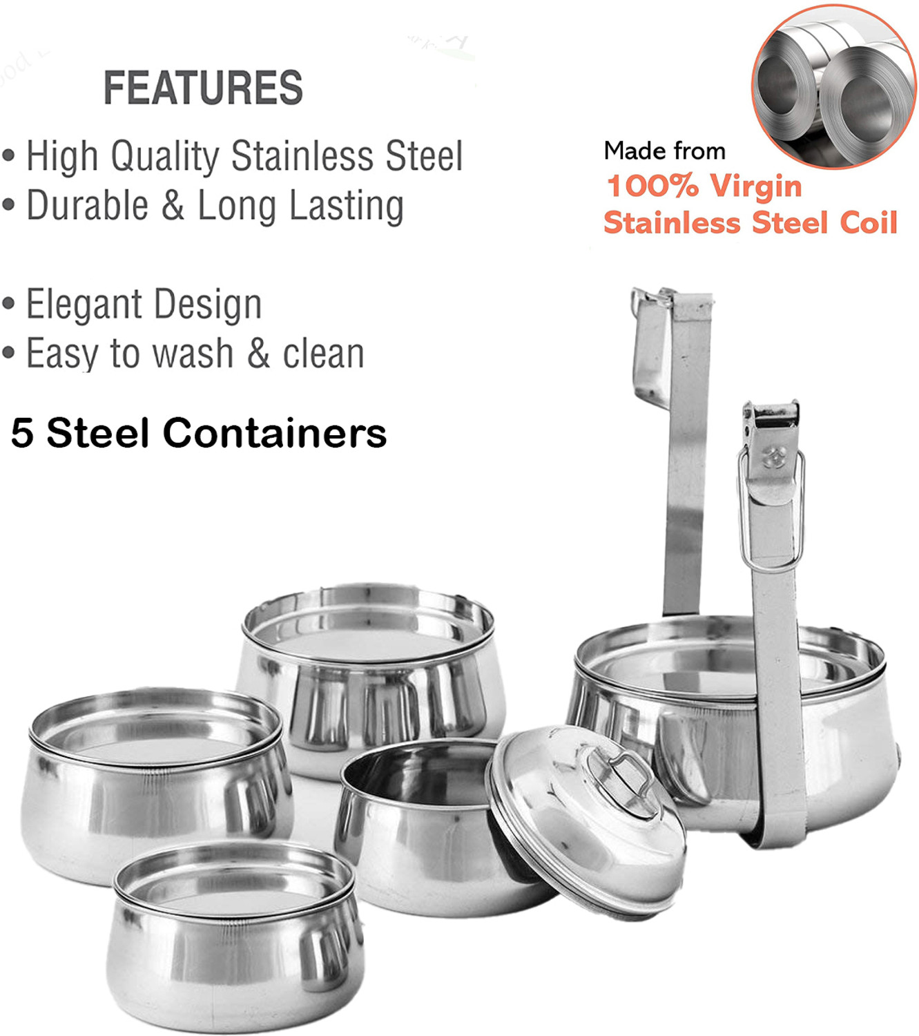 Image of CHEF TURTLES Stainless Steel Pyramid Shape Lunch Box 5 container Food Pack Clip Tiffin 5 Tier 5 Containers Stainless Steel Office Lunch Box