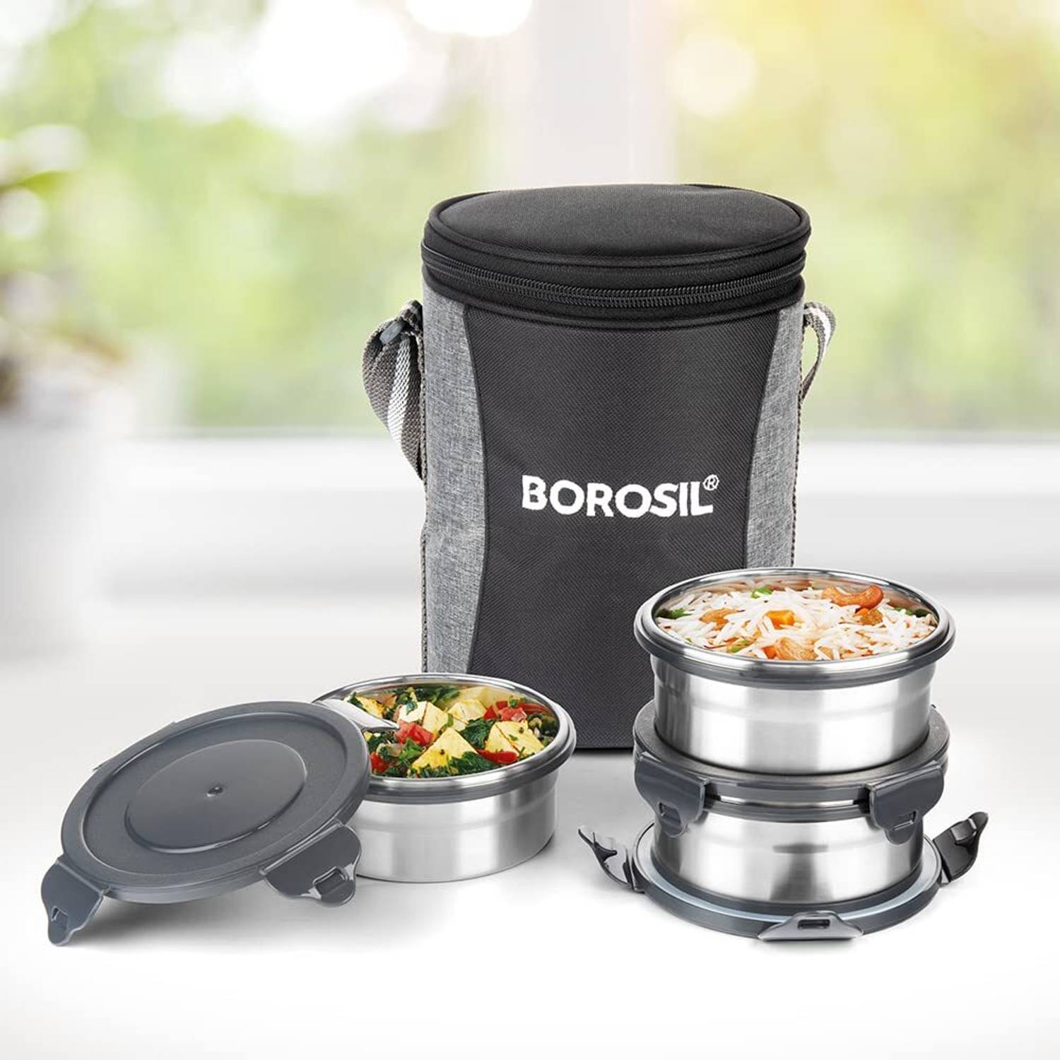 BOROSIL Lunch Box with Bag, 3 Pc (400ml x 3) Stainless Steel Office Tiffin 3 Containers Stainless Steel Office Lunch Box