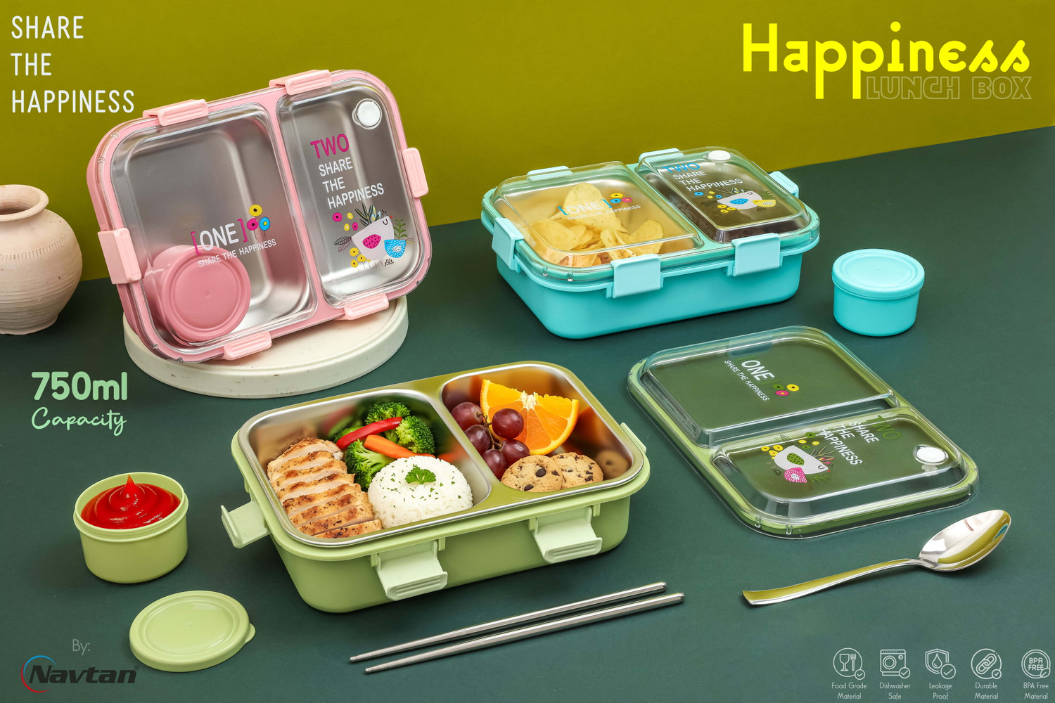 Image of NAVTAN Happiness Bento 2 Section Stainless Steel Lunch Box With Spoon & Chopsticks 2 Containers Stainless Steel Office Lunch Box
