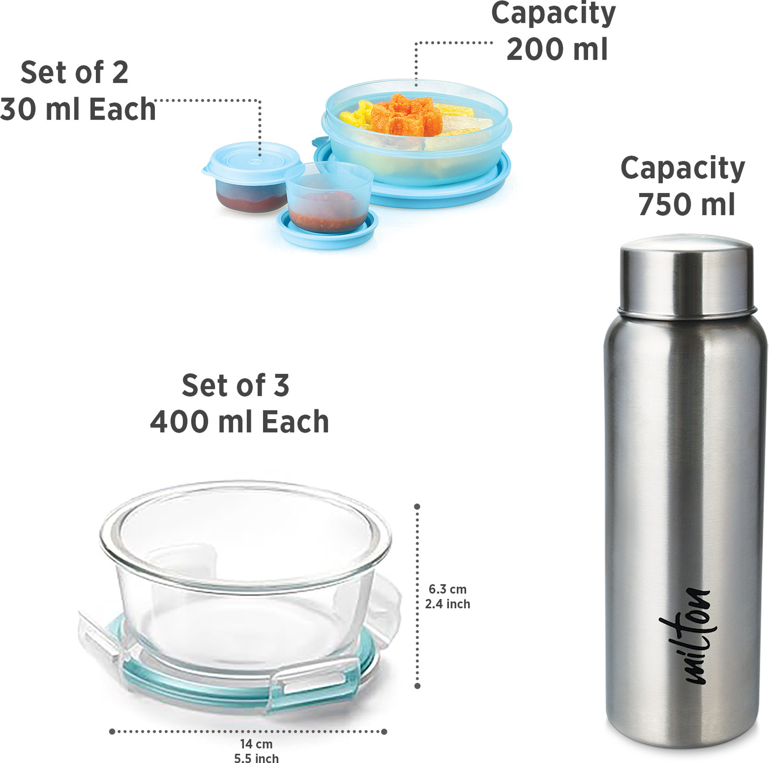 Image of TREO All Weather Glass Round Tiffin Set of 8, Carry Jacket & Steel Bottle, Black 6 Containers Glass Office Lunch Box