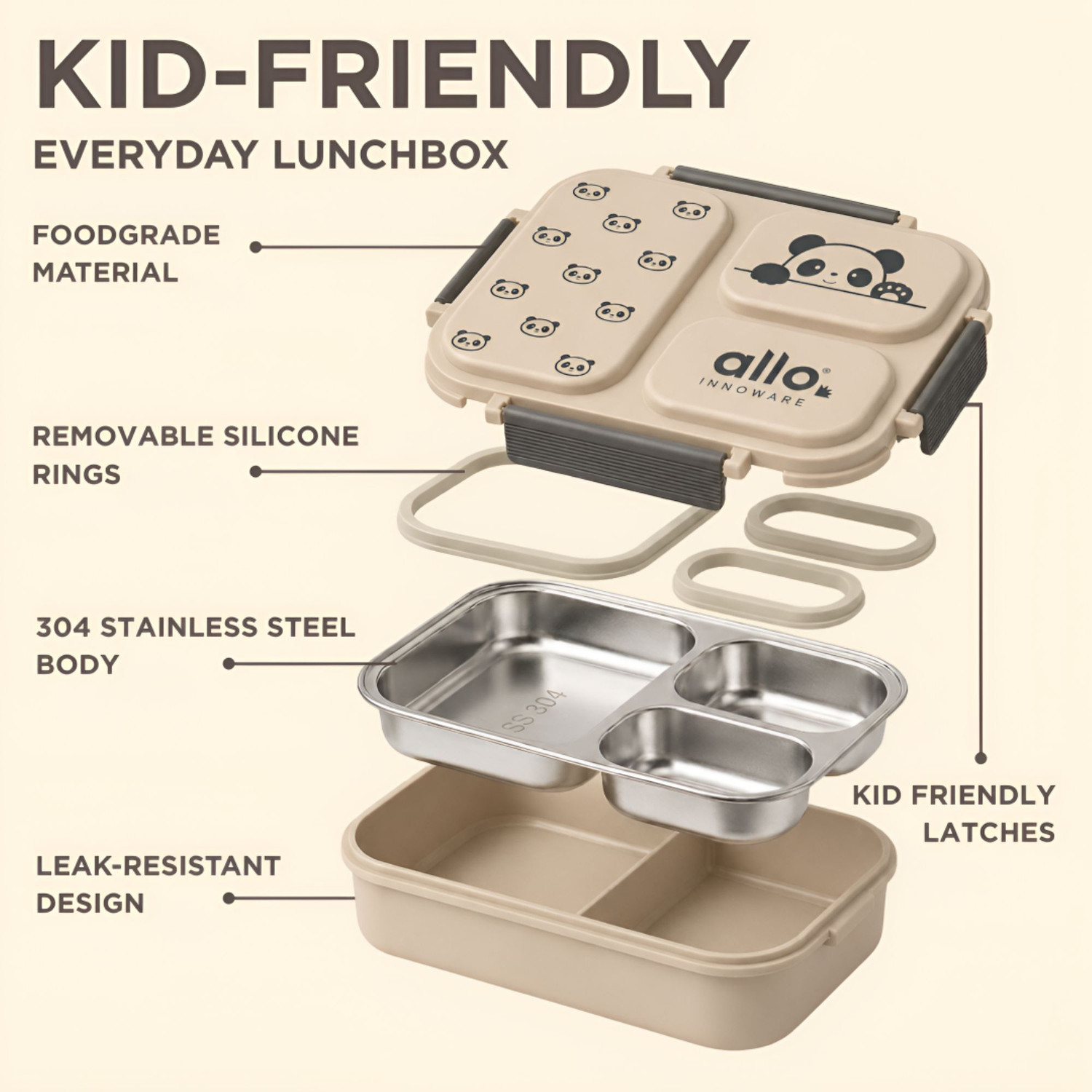 Image of Allo Bento Stainless Steel Lunch Box for Kids BIS Approved, 3 Compartment Leakproof 1 Containers Stainless Steel School Lunch Box