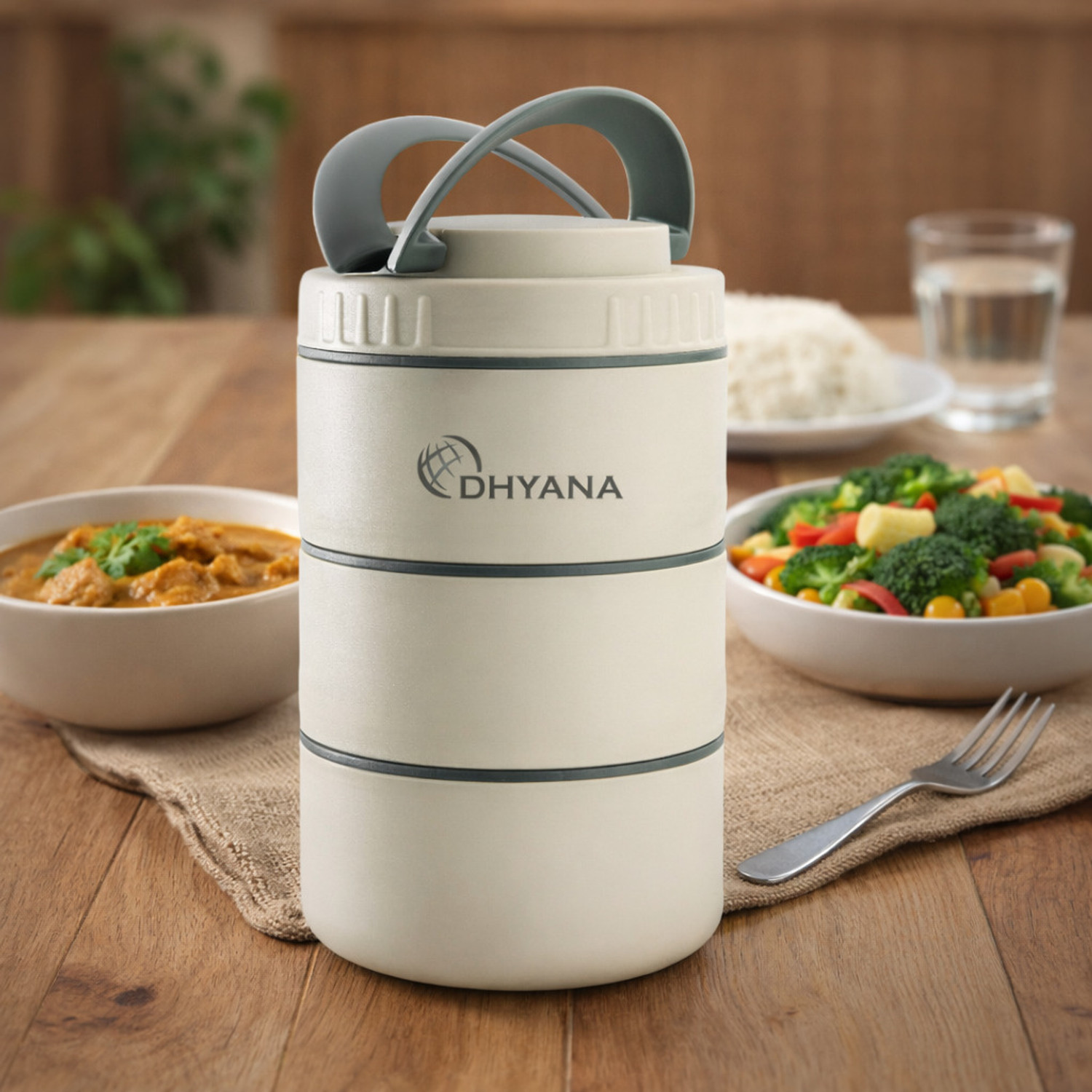 Image of Dhyana DOST 3 Layer Stainless Steel Lunch Box | Airtight Tiffin for Office & Kids 3 Containers Stainless Steel, Plastic Office Lunch Box