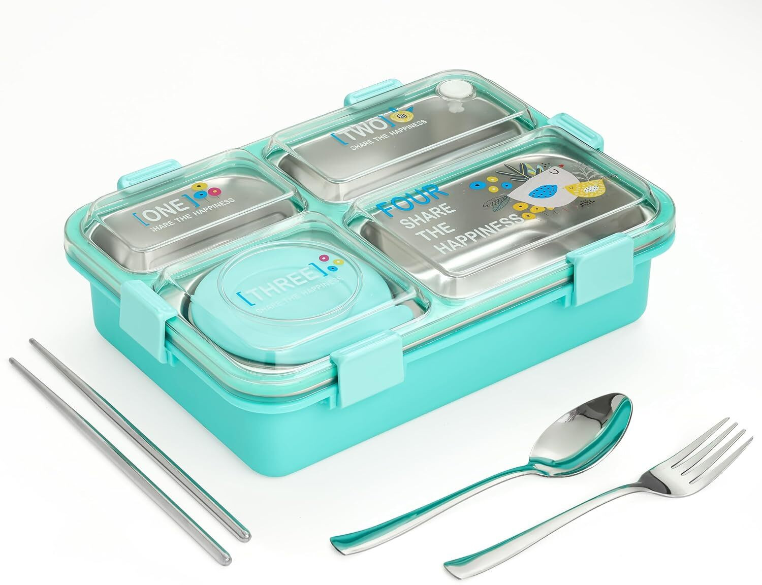 Image of Masox Store Happiness 4 Compartment Tiffin For Kids School Collage 4 Containers Stainless Steel Office Lunch Box