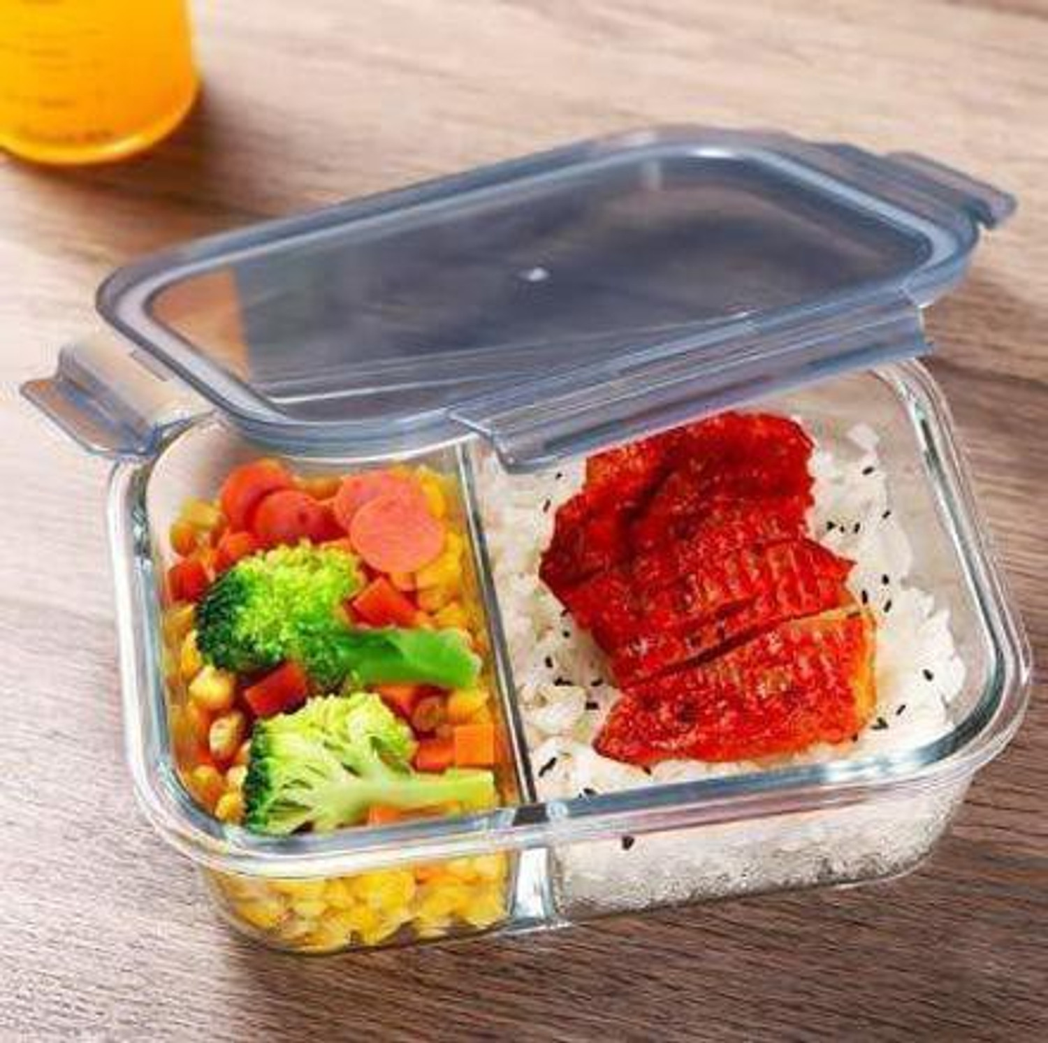 Image of Tap2kaart 3-Compartment Glass Lunch Box With Leak Proof Airtight Lid (Transparent,1PCS) 1 Containers Glass Office Lunch Box